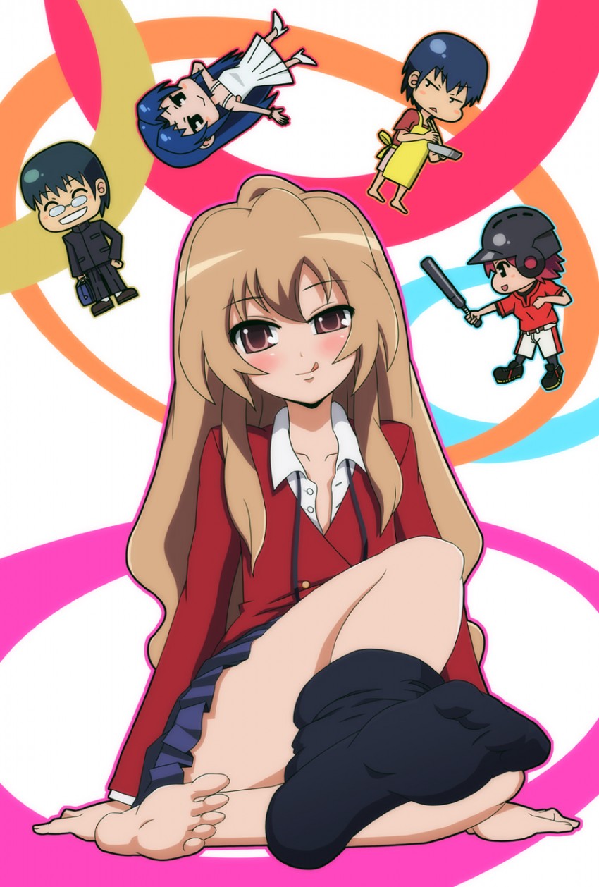 biginaa, aisaka taiga, kawashima ami, kitamura yuusaku, kushieda minori, takasu ryuuji, toradora!, highres, 00s, 2boys, 3girls, apron, barefoot, baseball bat, blue hair, brown eyes, brown hair, chibi, feet, foot focus, green hair, helmet, long hair, multiple boys, multiple girls, red hair, school uniform, short hair, single sock, skirt, socks, soles, thighhighs, tongue, undressing