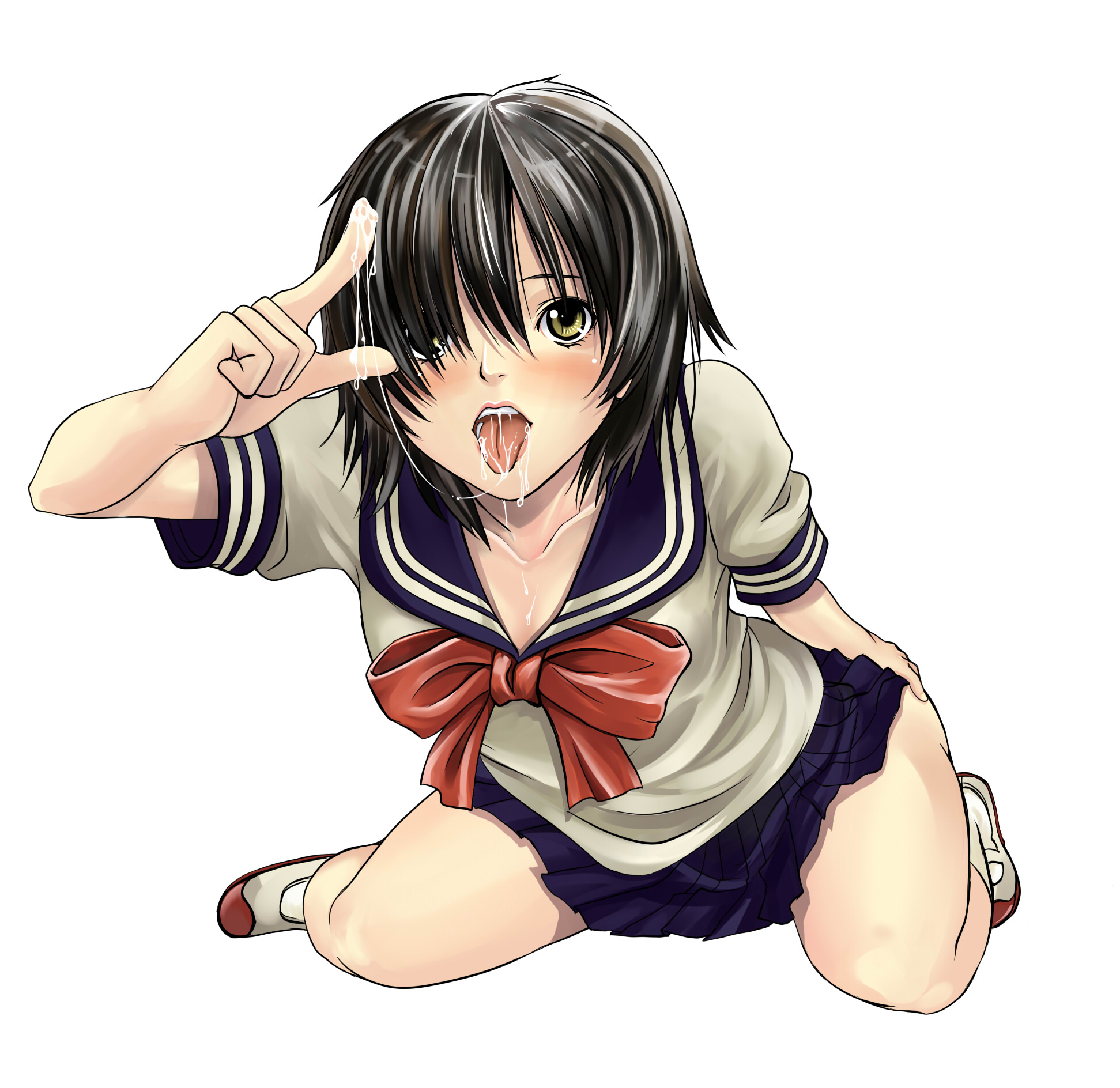 tonbo, urabe mikoto, nazo no kanojo x, highres, 1girl, black hair, female focus, full body, saliva, school uniform, serafuku, simple background, solo, white background, yellow eyes