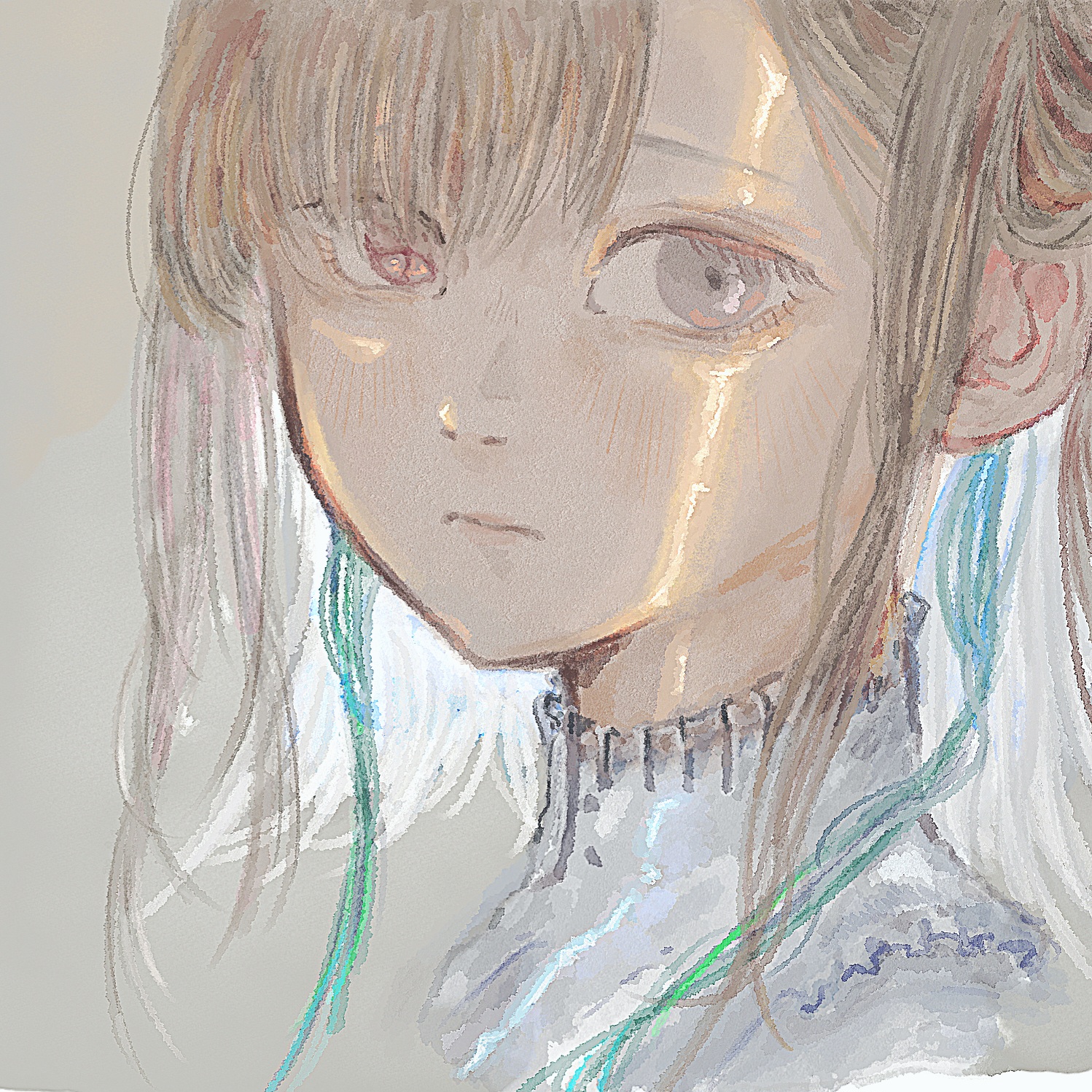 isekaijoucho, kamitsubaki studio, highres, 1girl, blue hair, close-up, dress, expressionless, grey eyes, grey hair, heterochromia, kuragami0918, long hair, looking at viewer, multicolored hair, red eyes, sketch, solo, two-tone hair