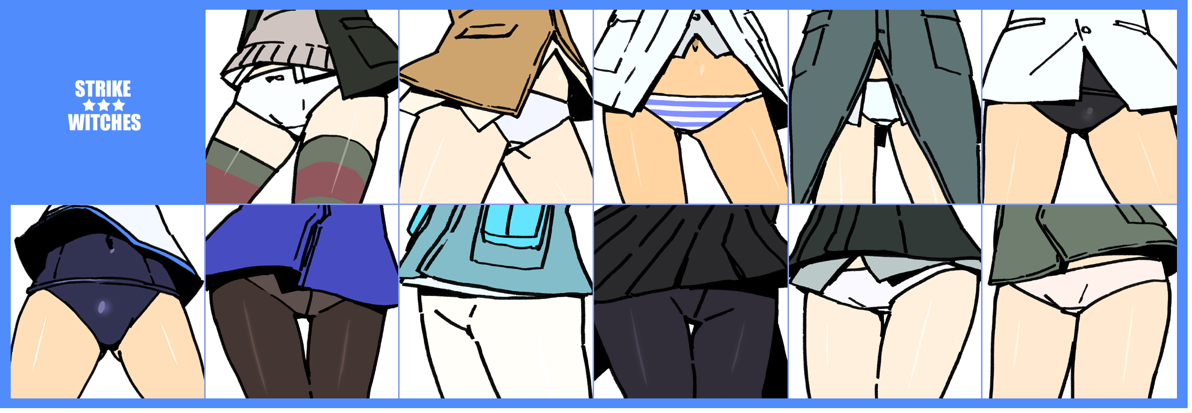 katou haruaki, charlotte e. yeager, eila ilmatar juutilainen, erica hartmann, francesca lucchini, gertrud barkhorn, lynette bishop, minna-dietlinde wilcke, miyafuji yoshika, perrine h. clostermann, sakamoto mio, sanya v. litvyak, strike witches, world witches series, striped legwear, highres, long image, wide image, 00s, 6+girls, black pantyhose, crotch seam, multiple girls, no pants, one-piece swimsuit, panties, panties under pantyhose, pantyhose, school swimsuit, striped clothes, striped panties, swimsuit, swimsuit under clothes, thighhighs, underwear, white panties, white pantyhose