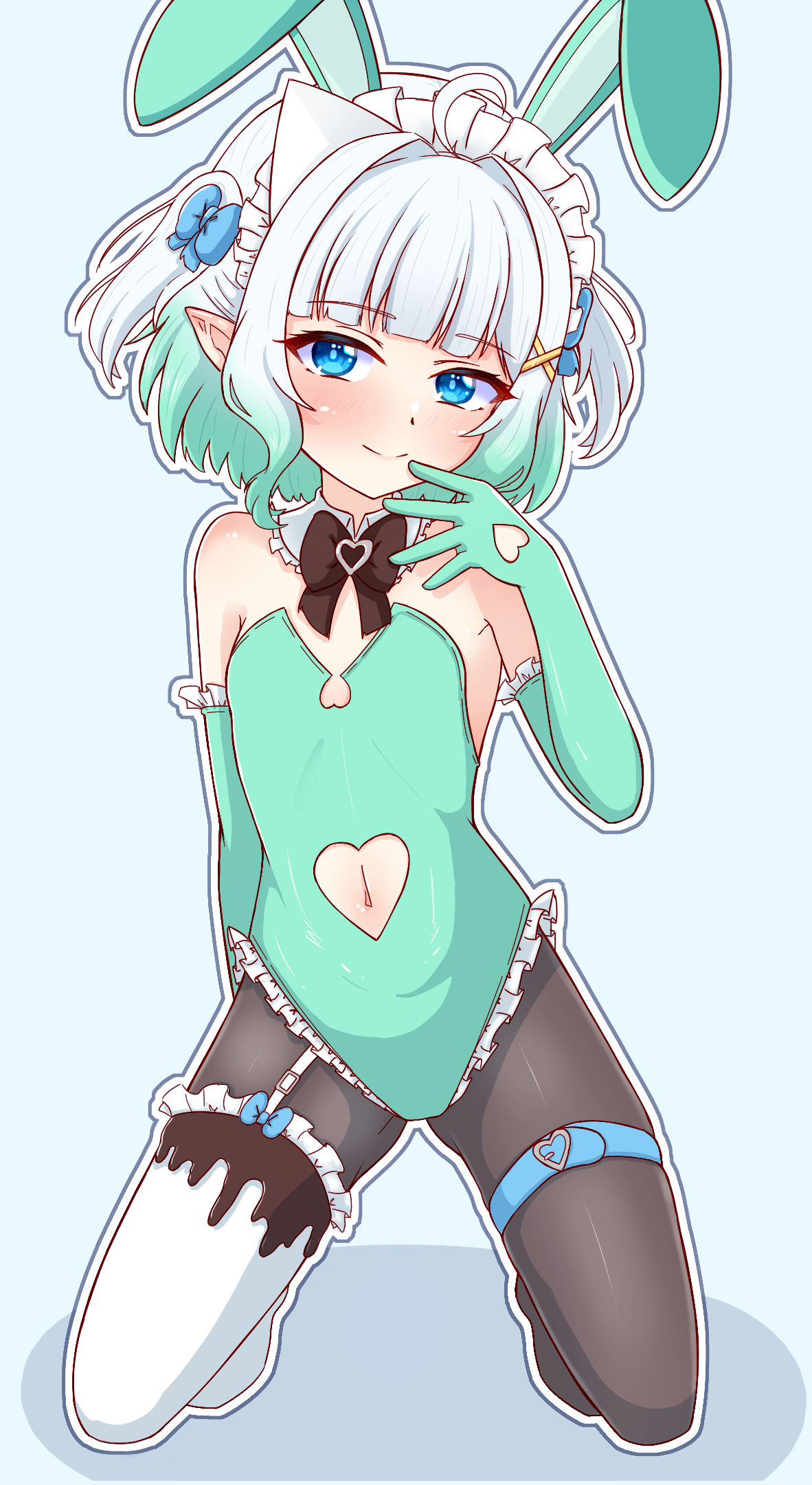 kisaragi 1go, mint fantome, indie virtual youtuber, commentary, highres, 1girl, alternate costume, animal ears, black bow, black bowtie, black pantyhose, blue bow, blue eyes, bow, bowtie, closed mouth, clothing cutout, detached collar, elbow gloves, fake animal ears, flat chest, full body, gloves, green gloves, green hair, green leotard, hair bow, hand up, heart cutout, kneeling, leotard, looking at viewer, navel, navel cutout, pantyhose, playboy bunny, pointy ears, rabbit ears, short hair, single thighhigh, smile, solo, strapless, strapless leotard, thigh strap, thighhighs, thighhighs over pantyhose, virtual youtuber, white hair, white thighhighs