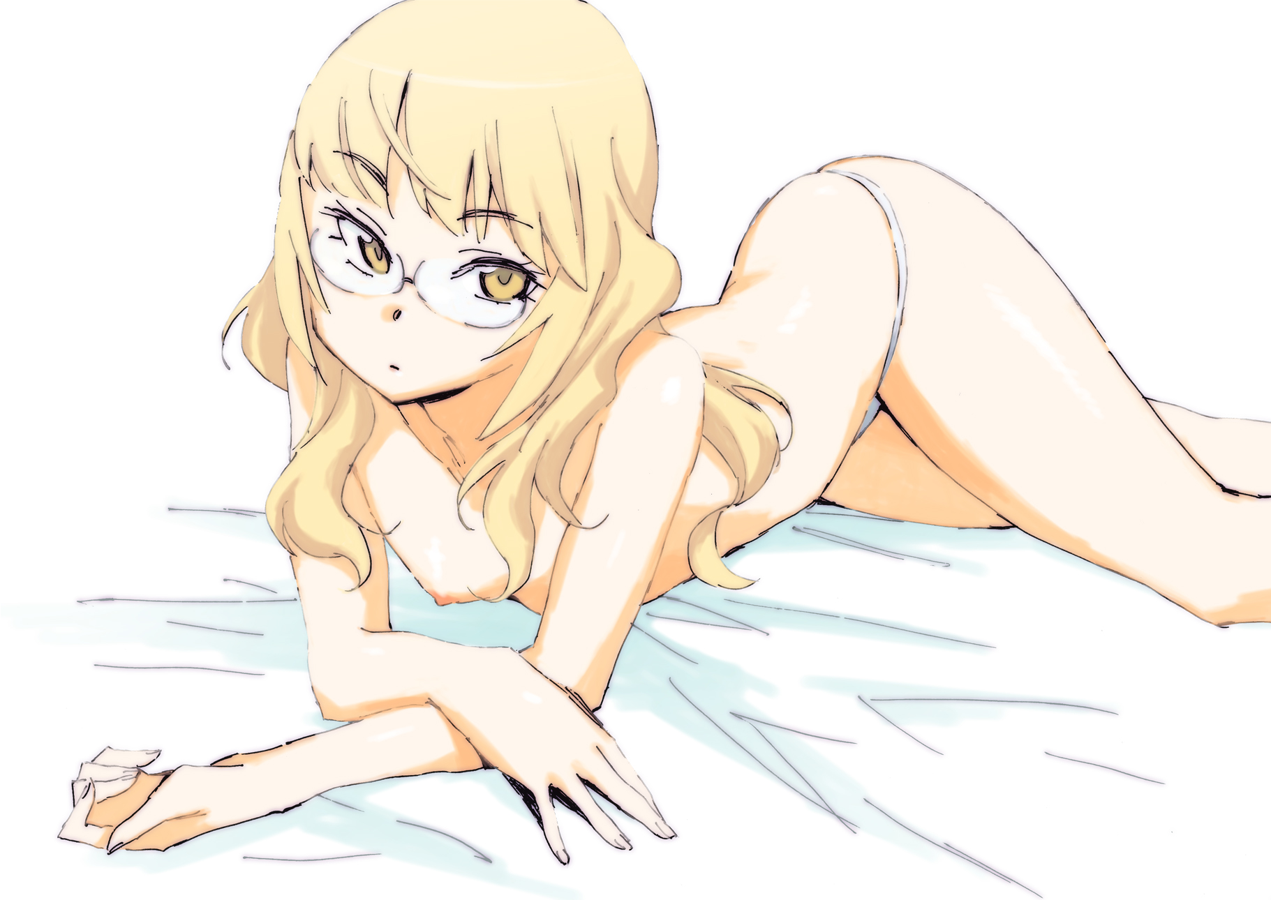 katou haruaki, perrine h. clostermann, strike witches, world witches series, bad id, bad pixiv id, highres, 00s, 1girl, bed, blonde hair, brown eyes, female focus, glasses, long hair, lying, panties, solo, topless female, underwear