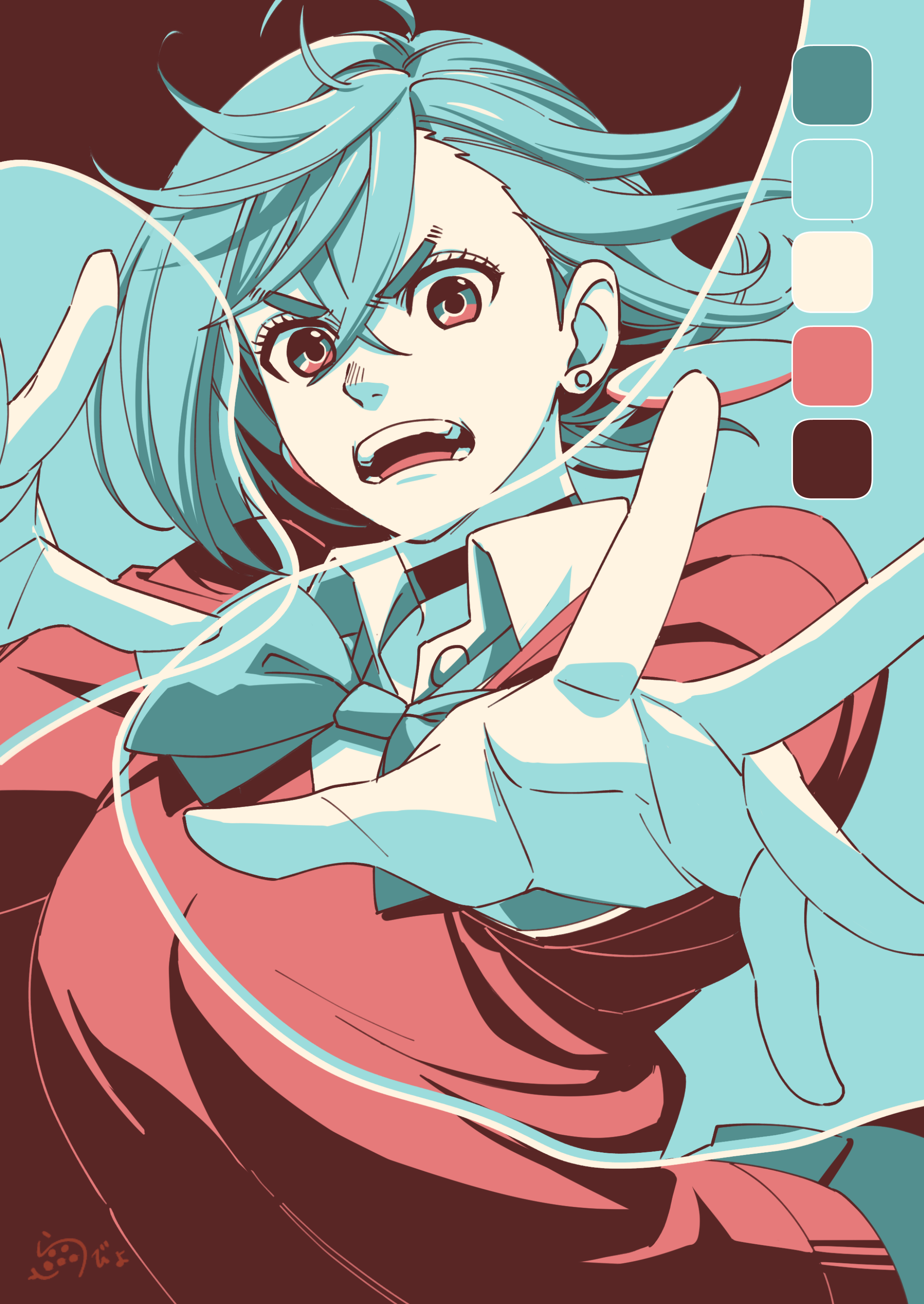 opabiniachu, ayase momo, dandadan, absurdres, commentary, highres, 1girl, aqua bow, aqua bowtie, aqua hair, black choker, bow, bowtie, breasts, choker, collared shirt, crossed bangs, earrings, fighting stance, floating earrings, hair behind ear, hair between eyes, jewelry, kami high school uniform, large breasts, long sleeves, looking at viewer, loose bowtie, open hand, open mouth, outstretched hand, pink sweater, school uniform, shirt, short hair, solo, sweater, upper body, v-shaped eyebrows