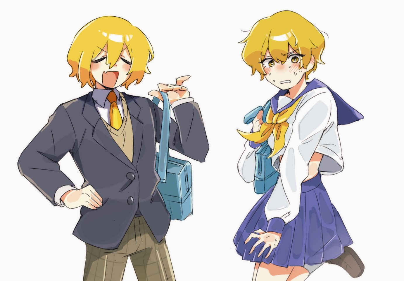 rnaro maro, don quixote (project moon), sinclair (project moon), limbus company, project moon, 1boy, 1girl, alternate costume, bag, black jacket, blazer, blonde hair, blue bag, blue sailor collar, blue skirt, blush, brown pants, brown vest, checkered clothes, checkered pants, closed eyes, crop top, crossdressing, crossdressing (ftm), crossdressing (mtf), dress shirt, ear blush, embarrassed, fang, hair between eyes, hand on own hip, holding, holding bag, jacket, long sleeves, midriff, neckerchief, necktie, open mouth, pants, parted lips, pleated skirt, sailor collar, school bag, school uniform, serafuku, shirt, short hair, simple background, skin fang, skirt, smile, sweat, v-shaped eyebrows, vest, white background, white shirt, yellow eyes, yellow neckerchief, yellow necktie