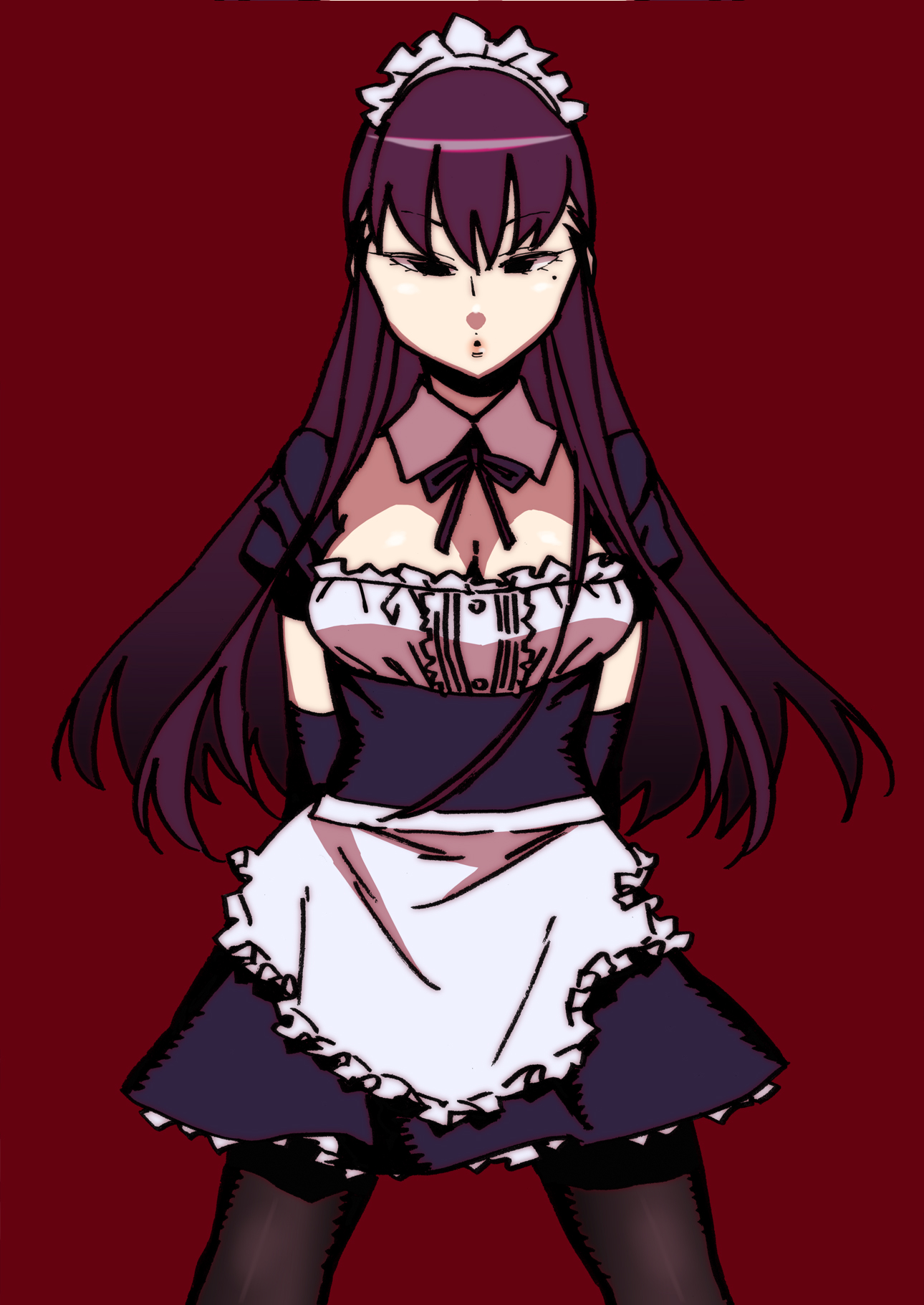 katou haruaki, original, bad id, bad pixiv id, highres, 1girl, breasts, cleavage, female focus, large breasts, long hair, maid, mole, mole under eye, pantyhose, purple hair, solo
