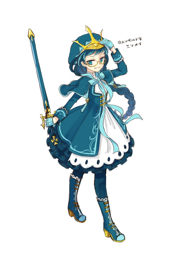 kasuka108, empoleon, nintendo, pokemon, 1girl, blue boots, blue gloves, blue hair, blue ribbon, boots, braid, braided ponytail, capelet, dress, full body, gen 4 pokemon, glasses, gloves, hat, holding, holding sword, holding weapon, long hair, personification, ribbon, sheath, sheathed, simple background, solo, standing, sword, very long hair, weapon, white background, yellow-framed eyewear