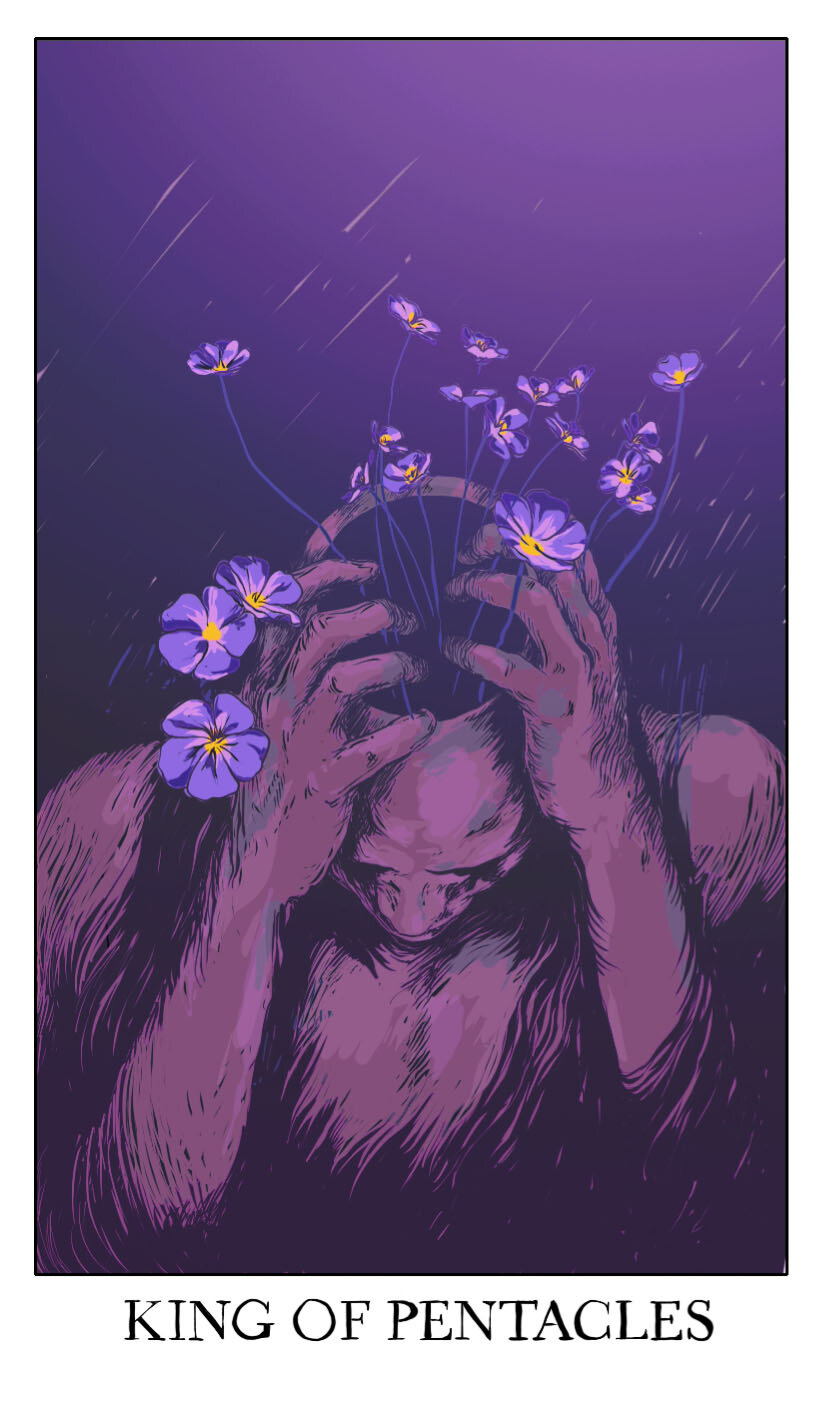jessica hayworth, highres, 1boy, border, card (medium), dark-skinned male, dark skin, english text, flower, growing out of body, hands on own head, hole in head, horror (theme), looking down, male focus, minor arcana (tarot), purple background, purple flower, purple theme, solo, surreal, tarot, tarot (medium), topless male, upper body, welcome to night vale, white border