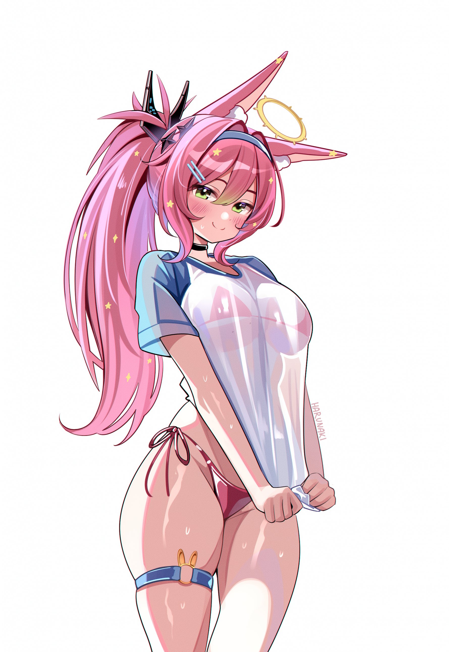harunaki, rapi (nikke), rapi (red hood) (nikke), rapi (red hood) (red flavor) (nikke), goddess of victory: nikke, absurdres, commentary, highres, 1girl, animal ear fluff, animal ears, artist name, bikini, bikini visible through clothes, black choker, blue hairband, blush, breasts, choker, closed mouth, clothes pull, cosplay, cowboy shot, double-parted bangs, dreamy etude, green eyes, hair between eyes, hair intakes, hair ornament, hairband, hairclip, halo, large breasts, long hair, looking at viewer, o-ring, o-ring thigh strap, parallel hairclips, pink hair, ponytail, rabbit ears, rabbit girl, rabbit o-ring, rapi (nikke) (cosplay), red bikini, see-through clothes, see-through shirt, shirt, shirt pull, short sleeves, side-tie bikini bottom, simple background, smile, solo, star (symbol), star hair ornament, swimsuit, t-shirt, thigh strap, thighs, vivaria virtual, wet, wet clothes, wet shirt, white background, white shirt, yellow halo