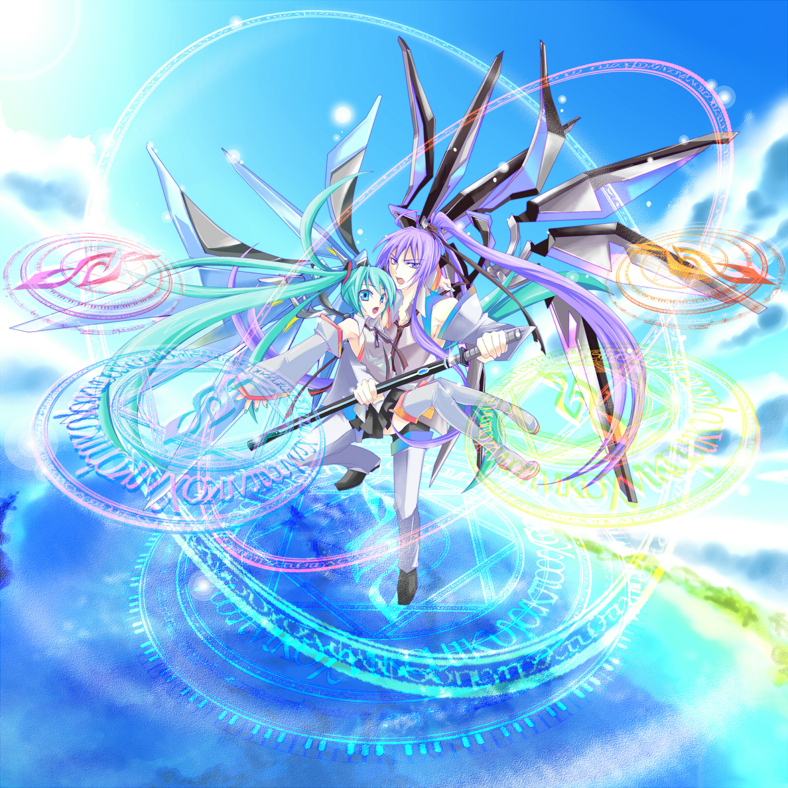 haru aki, hatsune miku, kamui gakupo, vocaloid, highres, 1boy, 1girl, aqua eyes, aqua hair, blue eyes, carrying, day, detached sleeves, long hair, magic circle, mechanical wings, purple hair, skirt, sky, sword, thighhighs, twintails, very long hair, weapon, wings