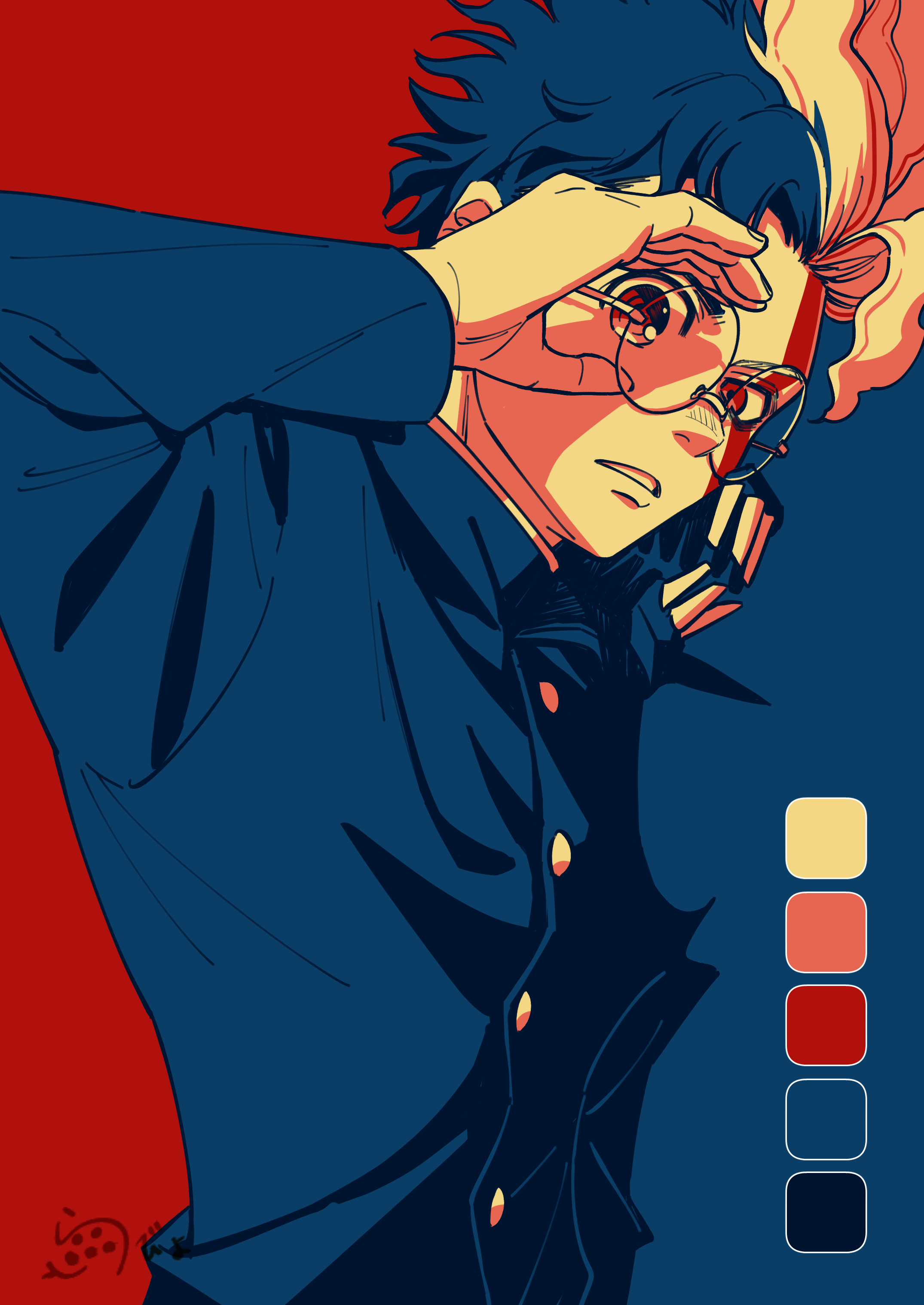 opabiniachu, takakura ken (dandadan), takakura ken (transformed) (dandadan), dandadan, absurdres, commentary, highres, 1boy, adjusting eyewear, black background, black hair, black jacket, buttons, gakuran, glasses, jacket, kami high school uniform, long sleeves, looking at viewer, male focus, multicolored hair, red background, round eyewear, school uniform, solo, two-tone background, two-tone hair, upper body, white background