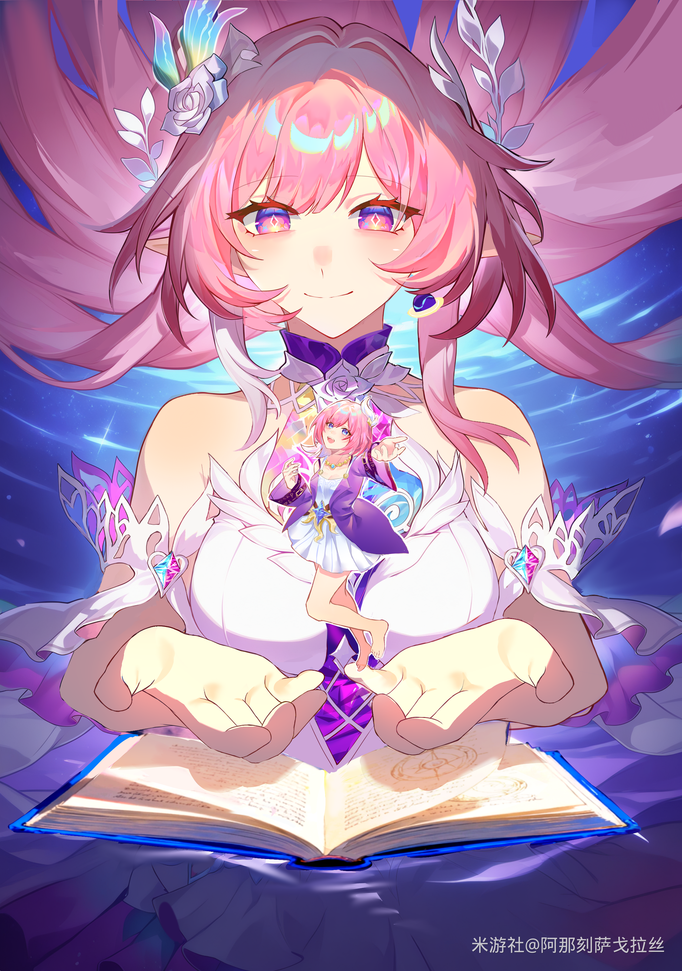 cyrene (honkai: star rail), cyrene (ripples of past reverie) (honkai: star rail), honkai: star rail, honkai (series), absurdres, chinese commentary, commentary request, highres, 2girls, a na ke sa ge lasi, bare shoulders, book, breasts, coat, cyrene (aedes elysiae) (honkai: star rail), diamond-shaped pupils, diamond (shape), dress, dual persona, earrings, flower, hair flower, hair ornament, halo, jewelry, large breasts, long hair, miyoushe watermark, multicolored hair, multiple girls, open book, pink hair, pointy ears, purple coat, purple eyes, short hair, smile, symbol-shaped pupils, two-tone hair, very long hair, watermark, white dress, white hair