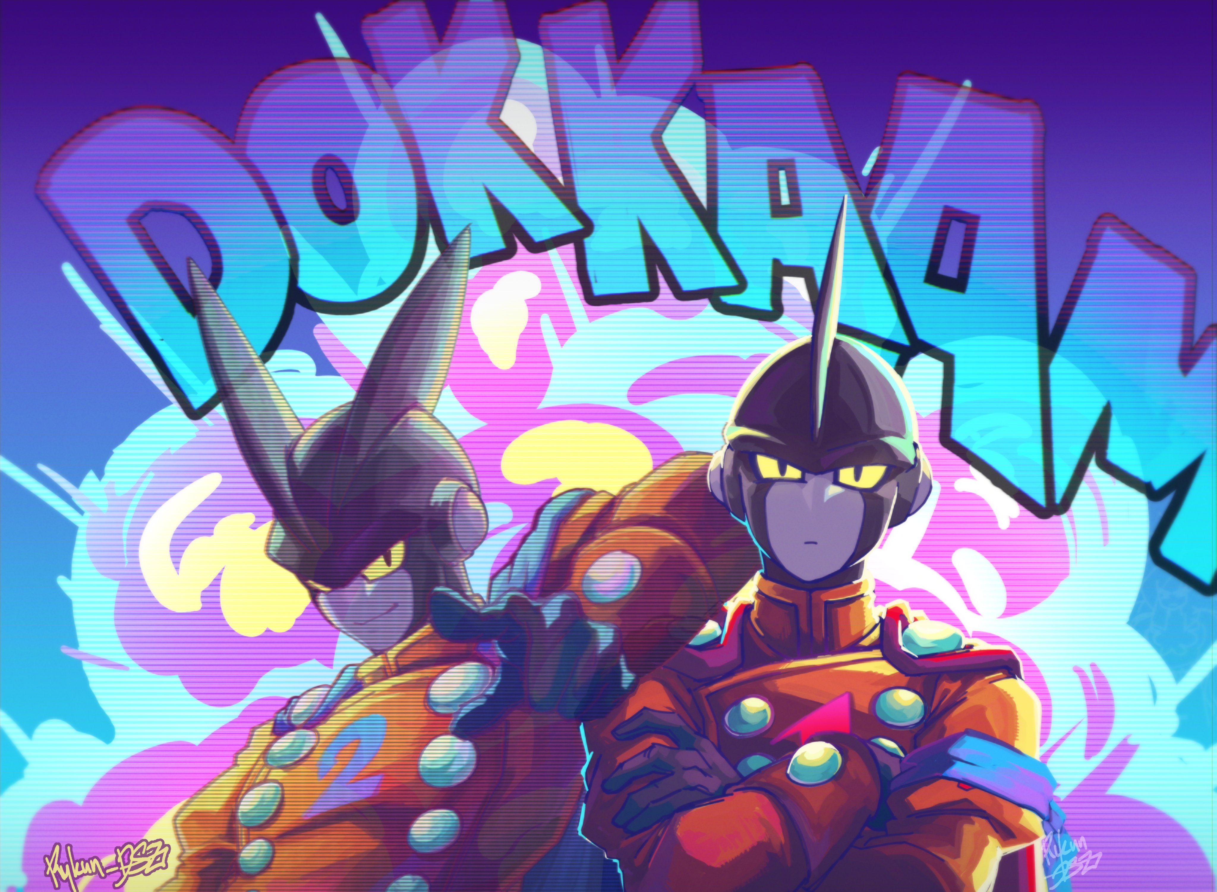 rykun dsz, gamma 1, gamma 2, dragon ball, dragon ball super, dragon ball super super hero, absurdres, highres, 2boys, android, blue cape, cape, colored sclera, crossed arms, explosion, fins, head fins, jacket, male focus, multiple boys, red cape, scanlines, sound effects, upper body, yellow jacket, yellow sclera