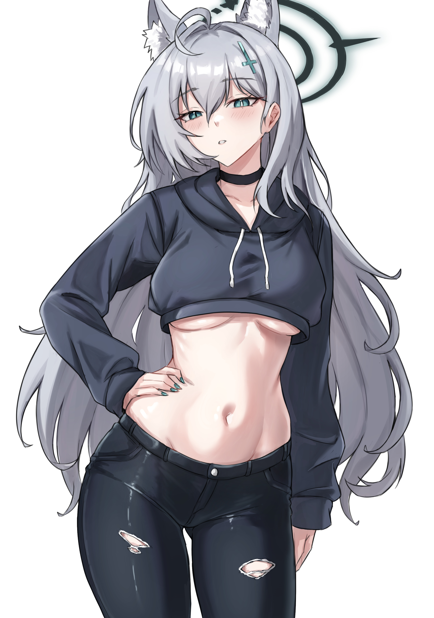 fangs (fangs art), shiroko terror (blue archive), blue archive, highres, 1girl, ahoge, alternate costume, black choker, black halo, black pants, blue eyes, breasts, choker, cross hair ornament, grey hair, hair ornament, halo, hand on own hip, long hair, looking at viewer, medium breasts, pants, simple background, solo, standing, torn clothes, torn pants, underboob, white background