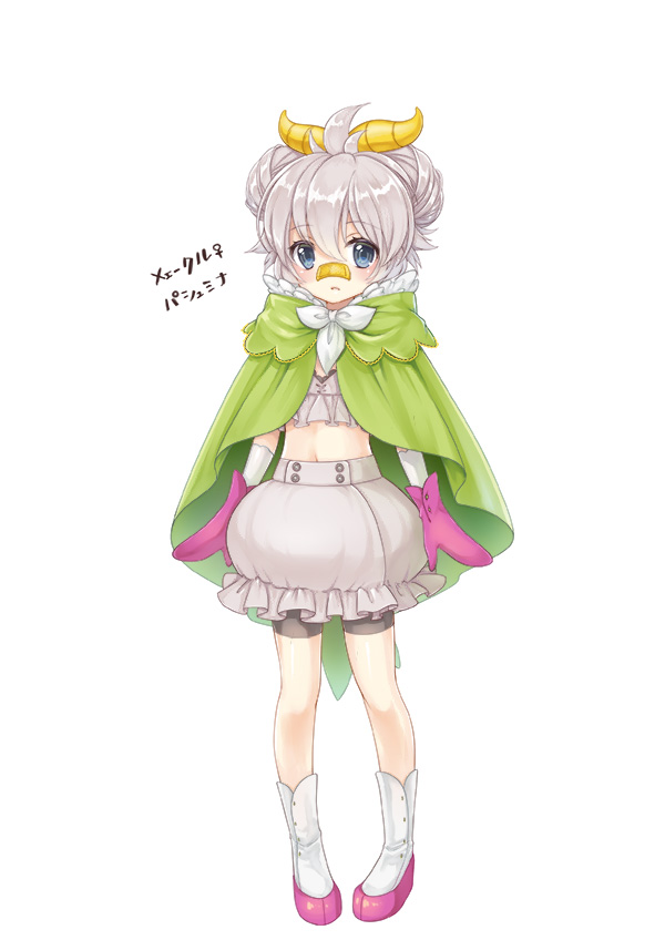 kasuka108, skiddo, nintendo, pokemon, 1girl, alternate color, blue eyes, cape, full body, gen 6 pokemon, green cape, grey hair, grey skirt, hair between eyes, horns, mittens, navel, personification, purple mittens, shiny pokemon, simple background, skirt, solo, standing, white background