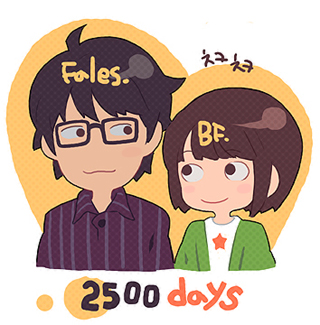 bf. (sogogiching), real life, archived source, commentary request, korean commentary, lowres, translation request, ahoge, ben-day dots, bf., black hair, blunt bangs, blush stickers, bob cut, brown eyes, brown hair, buttons, closed mouth, dating, flat color, glasses, green jacket, green sleeves, jacket, looking at another, milestone celebration, no nose, pince-nez, pinstripe pattern, pinstripe shirt, pinstripe sleeves, purple shirt, purple sleeves, rectangular eyewear, screentones, shirt, short hair, side-by-side, smile, star (symbol), star print, white background, white shirt, wing collar