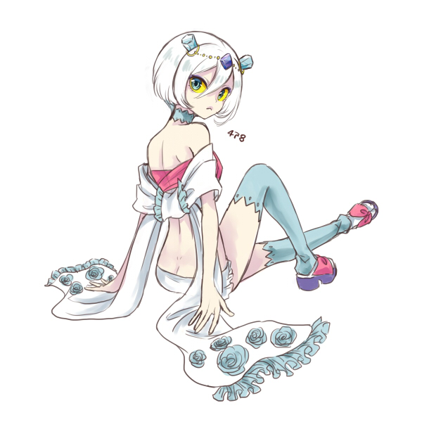 kasuka108, froslass, nintendo, pokemon, 1girl, bare shoulders, blue eyes, butt crack, colored sclera, gen 4 pokemon, hair between eyes, light frown, looking at viewer, personification, pokedex number, sitting, solo, thighhighs, white background, white hair, yellow sclera