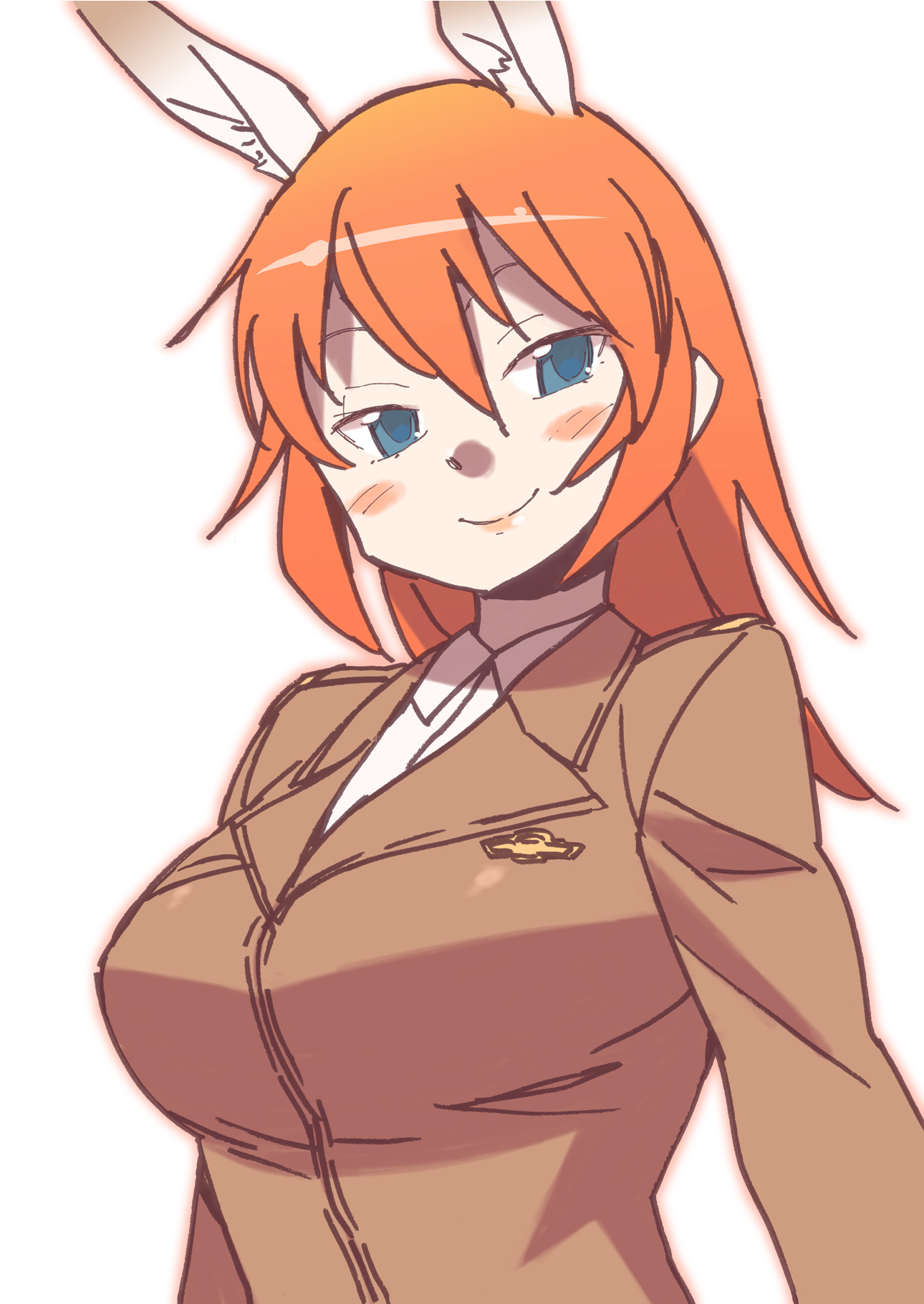 katou haruaki, charlotte e. yeager, strike witches, world witches series, bad id, bad pixiv id, highres, 00s, 1girl, animal ears, blue eyes, blush, breasts, female focus, large breasts, long hair, naughty face, orange hair, rabbit ears, rabbit girl, smile, solo