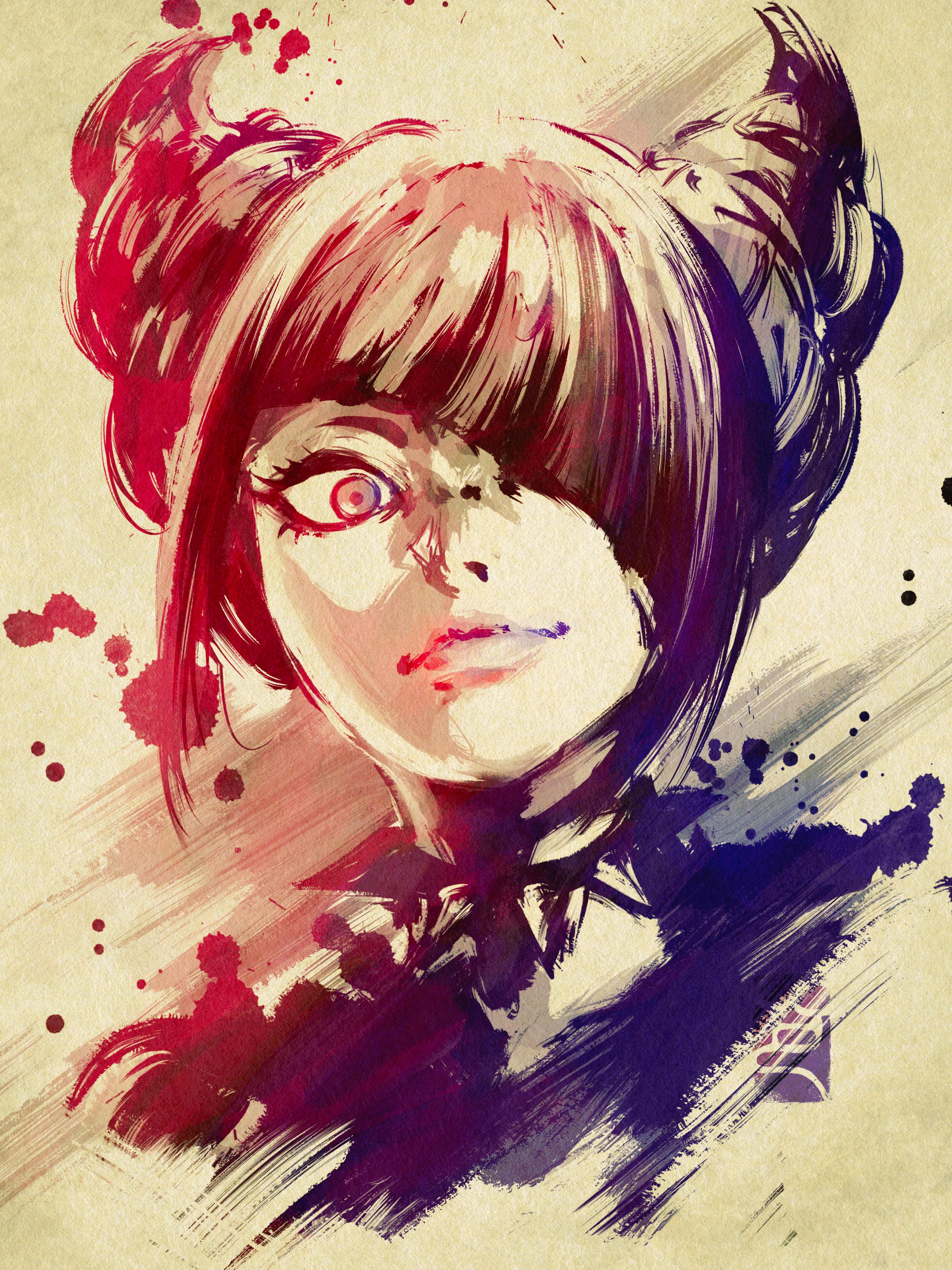 pe51illust, han juri, street fighter, street fighter 6, absurdres, commentary, highres, revision, 1girl, black hair, close-up, closed mouth, diagonal bangs, hair horns, hair over one eye, ink wash painting, limited palette, purple eyes, solo