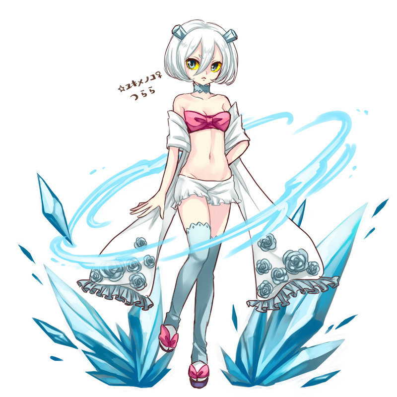 kasuka108, froslass, nintendo, pokemon, 1girl, bare shoulders, blue eyes, breasts, colored sclera, full body, gen 4 pokemon, grey thighhighs, hair between eyes, ice, looking at viewer, navel, personification, short shorts, shorts, small breasts, standing, thighhighs, white background, yellow sclera