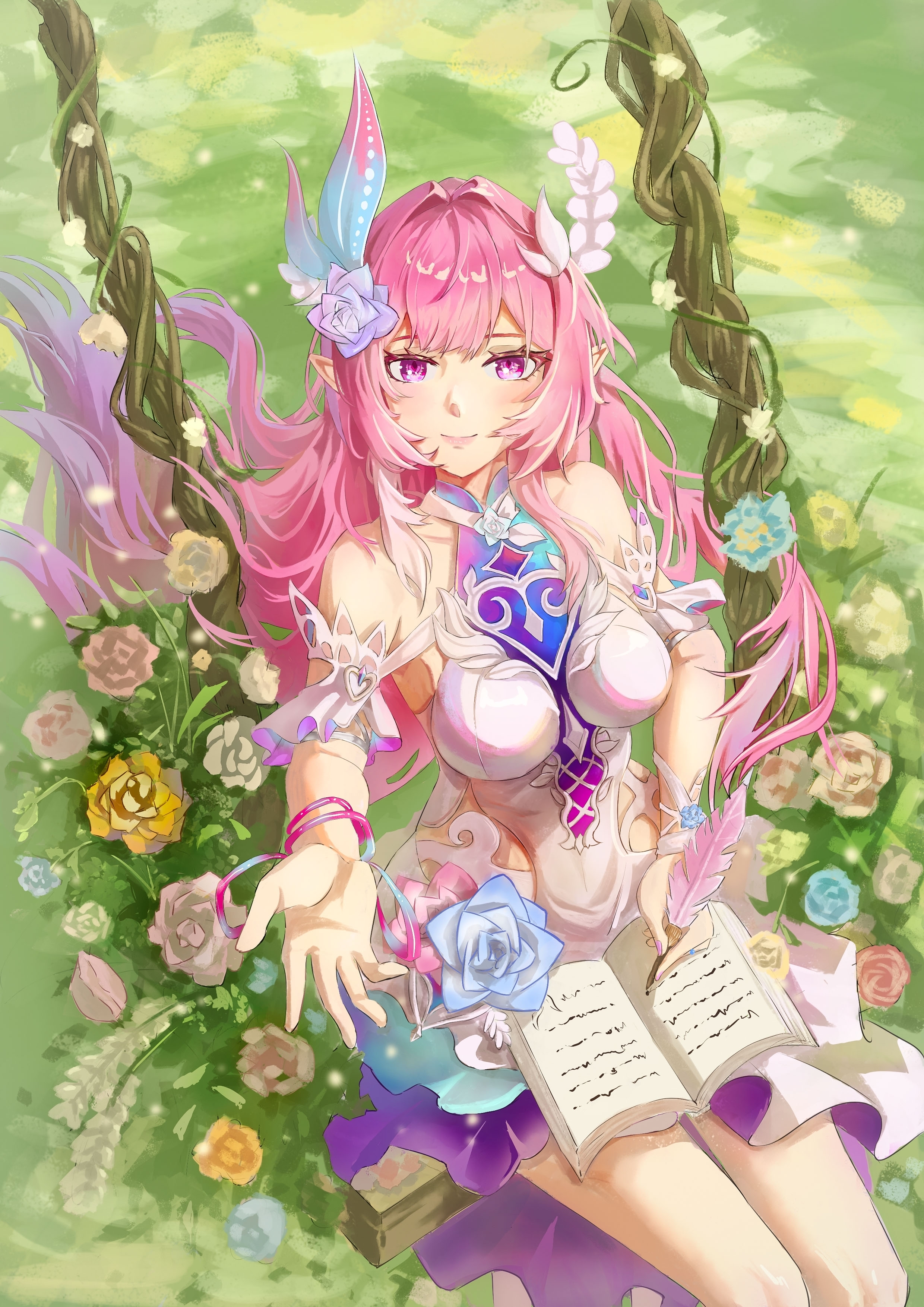 cyrene (honkai: star rail), cyrene (ripples of past reverie) (honkai: star rail), honkai: star rail, honkai (series), absurdres, chinese commentary, commentary request, highres, 1girl, bare shoulders, blue flower, blue rose, book, breasts, diamond-shaped pupils, diamond (shape), dress, flower, grass, hair flower, hair ornament, halo, large breasts, long hair, looking at viewer, multicolored hair, on swing, open book, outdoors, pink flower, pink hair, pink rose, purple eyes, qin ji qj, rose, solo, swing, symbol-shaped pupils, two-tone hair, very long hair, white dress, white flower, white hair, white rose, yellow flower, yellow rose