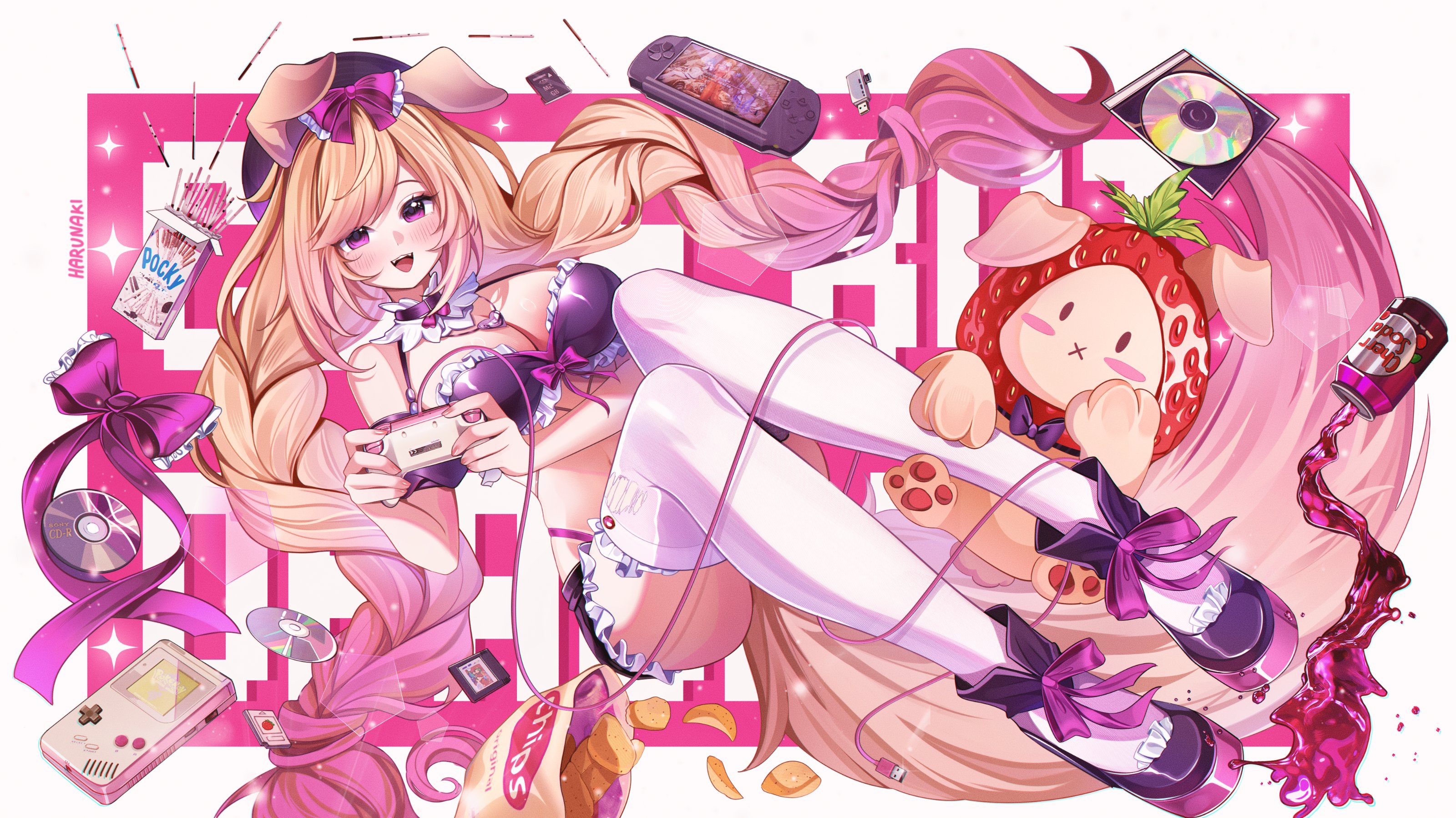 harunaki, indie virtual youtuber, absurdres, commentary, english commentary, highres, 1girl, animal ears, artist name, blonde hair, breasts, can, cd, chips (food), cleavage, controller, dog ears, dog girl, dog tail, drink can, food, fruit, full body, game console, game controller, holding, holding controller, holding game controller, large breasts, long hair, looking at viewer, momochan (vtuber), multicolored hair, open mouth, parted bangs, pocky, potato chips, purple eyes, purple shoes, ribbon, shoes, smile, soda, soda can, solo, spilling, strawberry, stuffed animal, stuffed dog, stuffed toy, swept bangs, tail, thighhighs, very long hair, virtual youtuber, white thighhighs