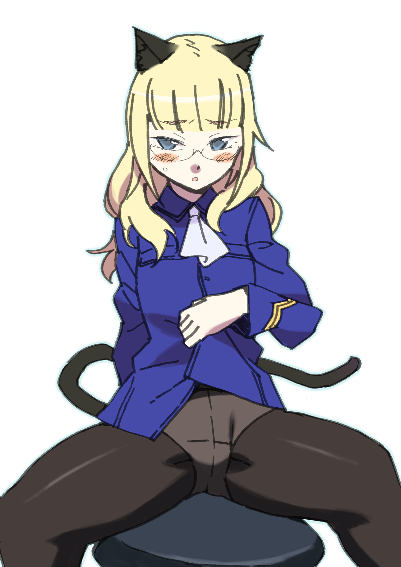 katou haruaki, perrine h. clostermann, strike witches, world witches series, highres, 00s, 1girl, animal ears, black pantyhose, blonde hair, blue eyes, blush, crotch seam, female focus, glasses, long hair, panties, panties under pantyhose, pantyhose, solo, tail, underwear
