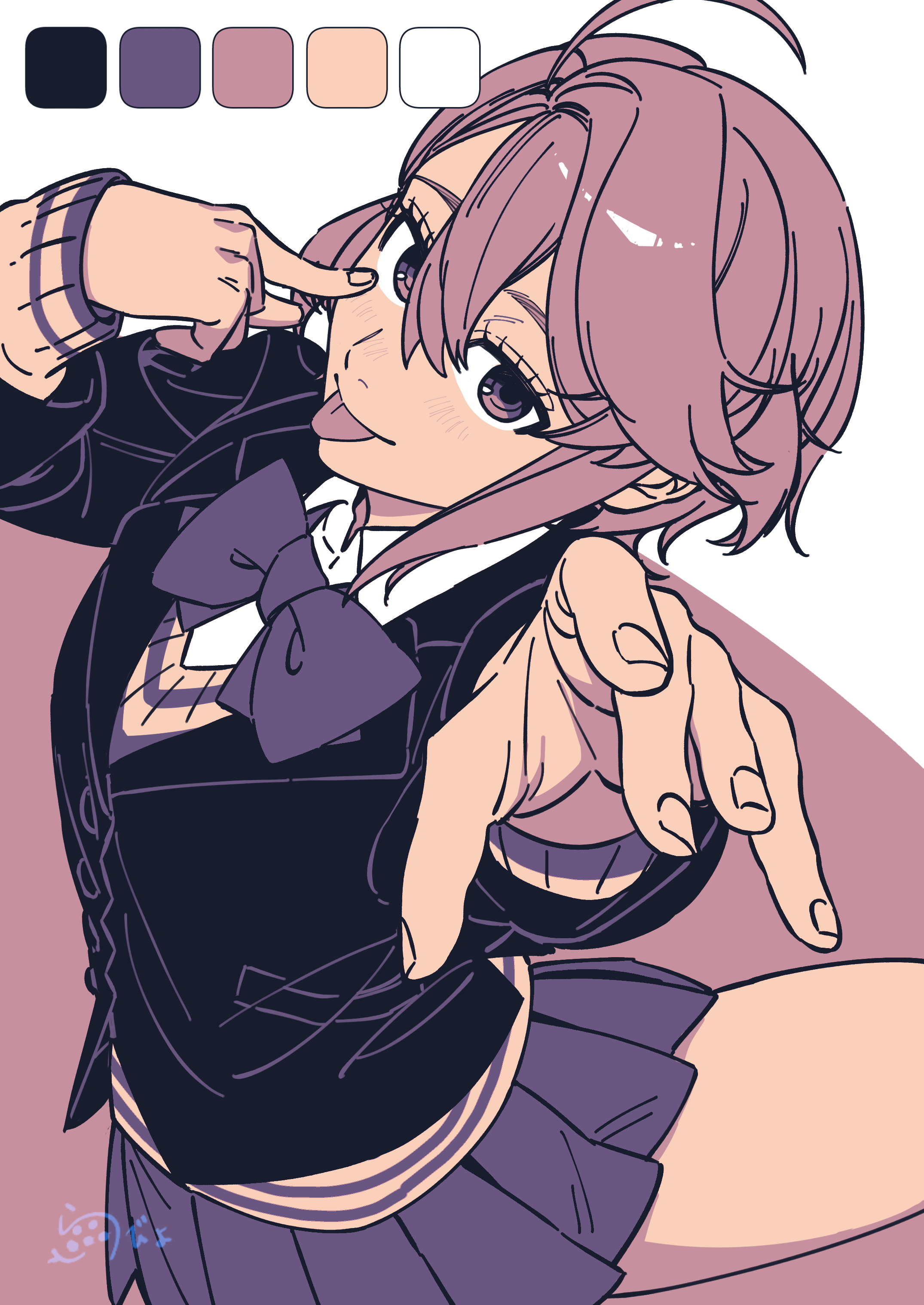 opabiniachu, shiratori aira (dandadan), dandadan, absurdres, commentary, highres, 1girl, akanbe, bow, bowtie, collared shirt, cowboy shot, eyelid pull, finger to eye, hair between eyes, jacket, kami high school uniform, long sleeves, looking at viewer, miniskirt, outstretched arm, pink hair, pleated skirt, school uniform, shirt, short hair, skirt, solo, sweater vest, tongue, tongue out, white shirt