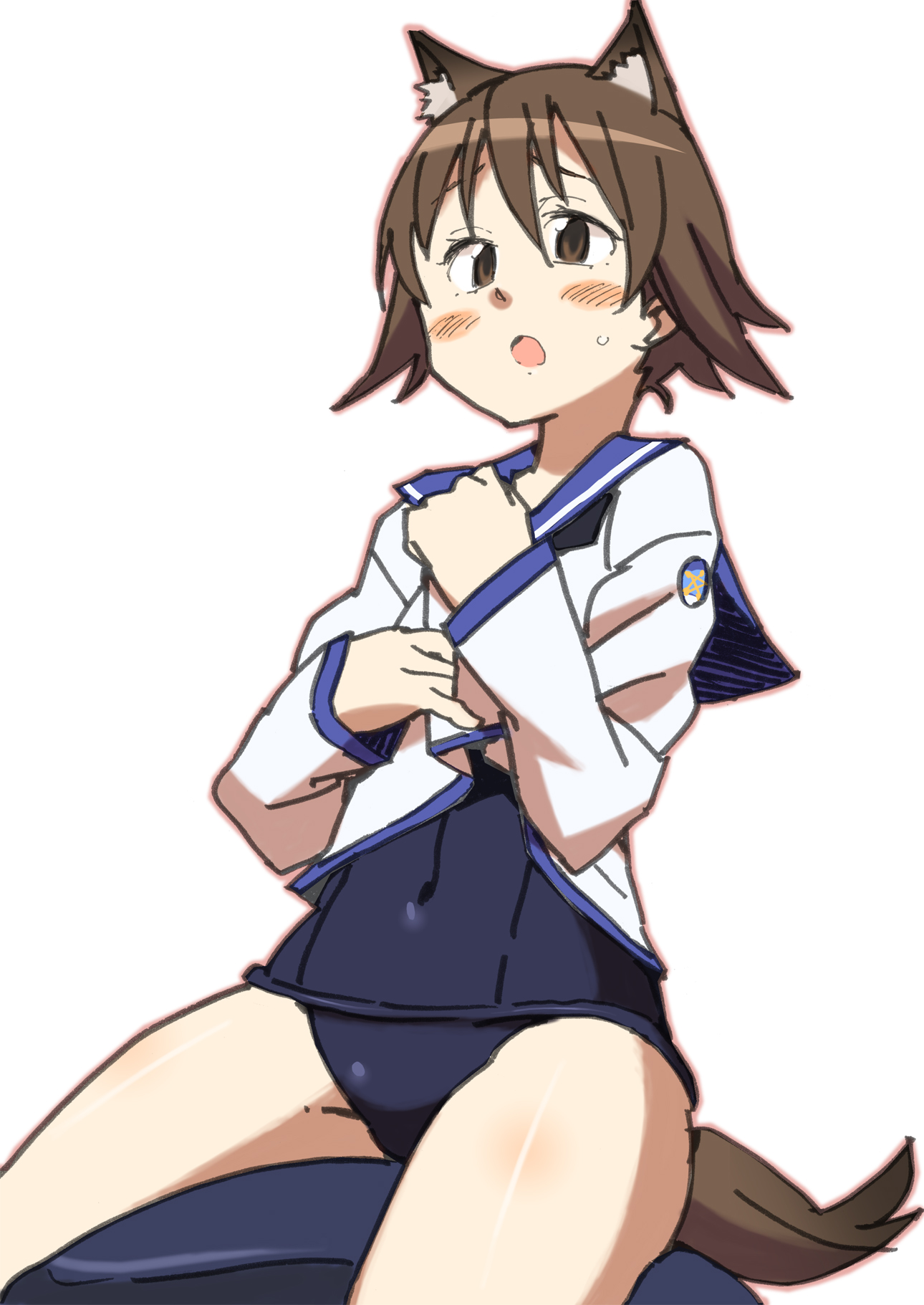 katou haruaki, miyafuji yoshika, strike witches, world witches series, highres, 00s, 1girl, animal ears, blush, brown eyes, brown hair, female focus, no pants, one-piece swimsuit, school swimsuit, solo, swimsuit, swimsuit under clothes, tail