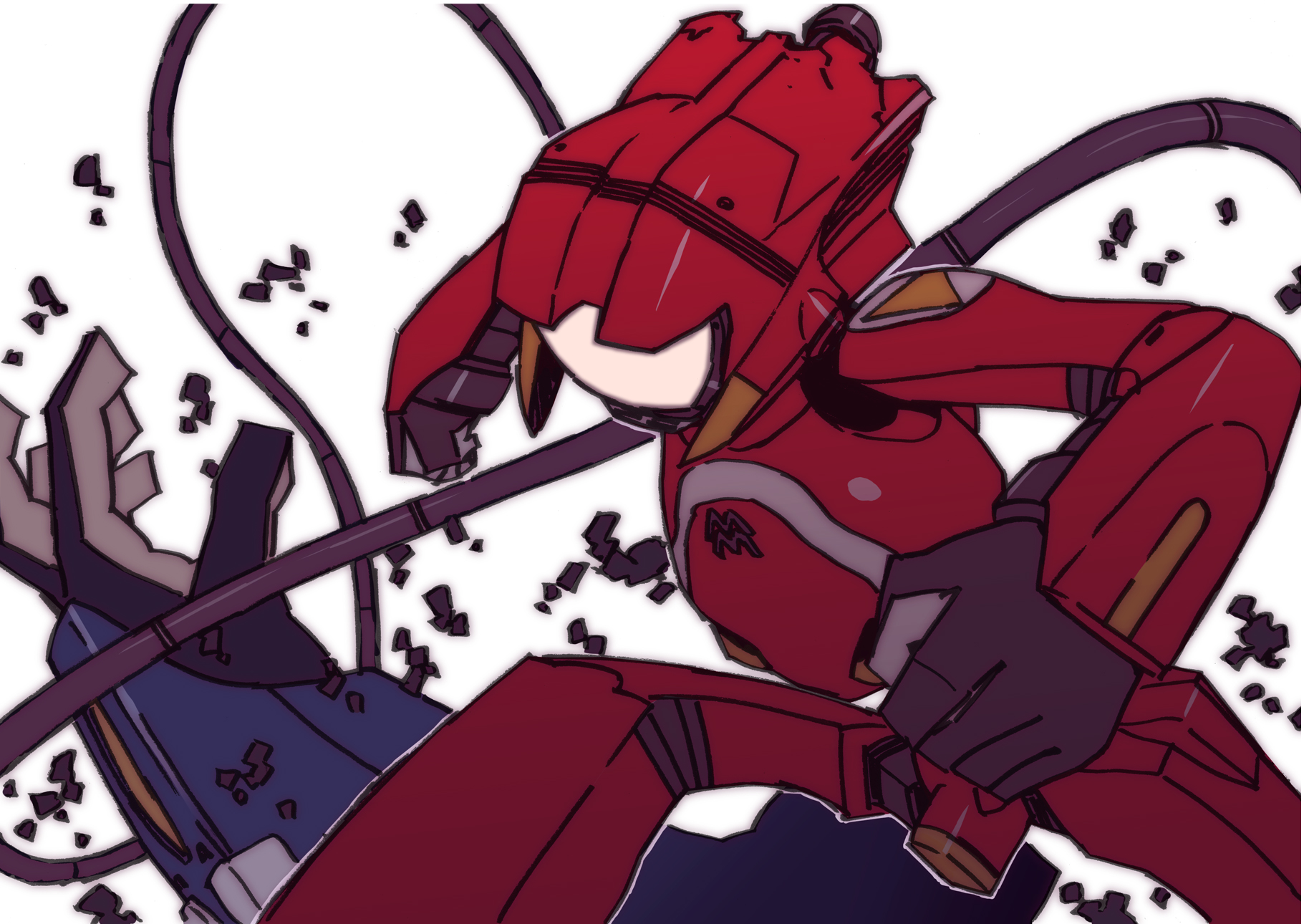 katou haruaki, canti, flcl, highres, 00s, armor, cowboy shot, faceless, fighting stance, mecha, no humans, robot, rubble, simple background, spread legs, white background