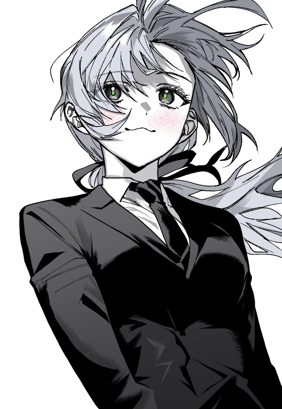 highres, 1girl, black eyes, black necktie, blush, collared shirt, floating hair, formal clothes, green pupils, gwechul, hair between eyes, hair ribbon, jacket, lee seonghae, limited palette, long hair, looking ahead, low ponytail, necktie, ponytail, ribbon, shirt, solo, suit, suit jacket, upper body, white background, white hair, white shirt