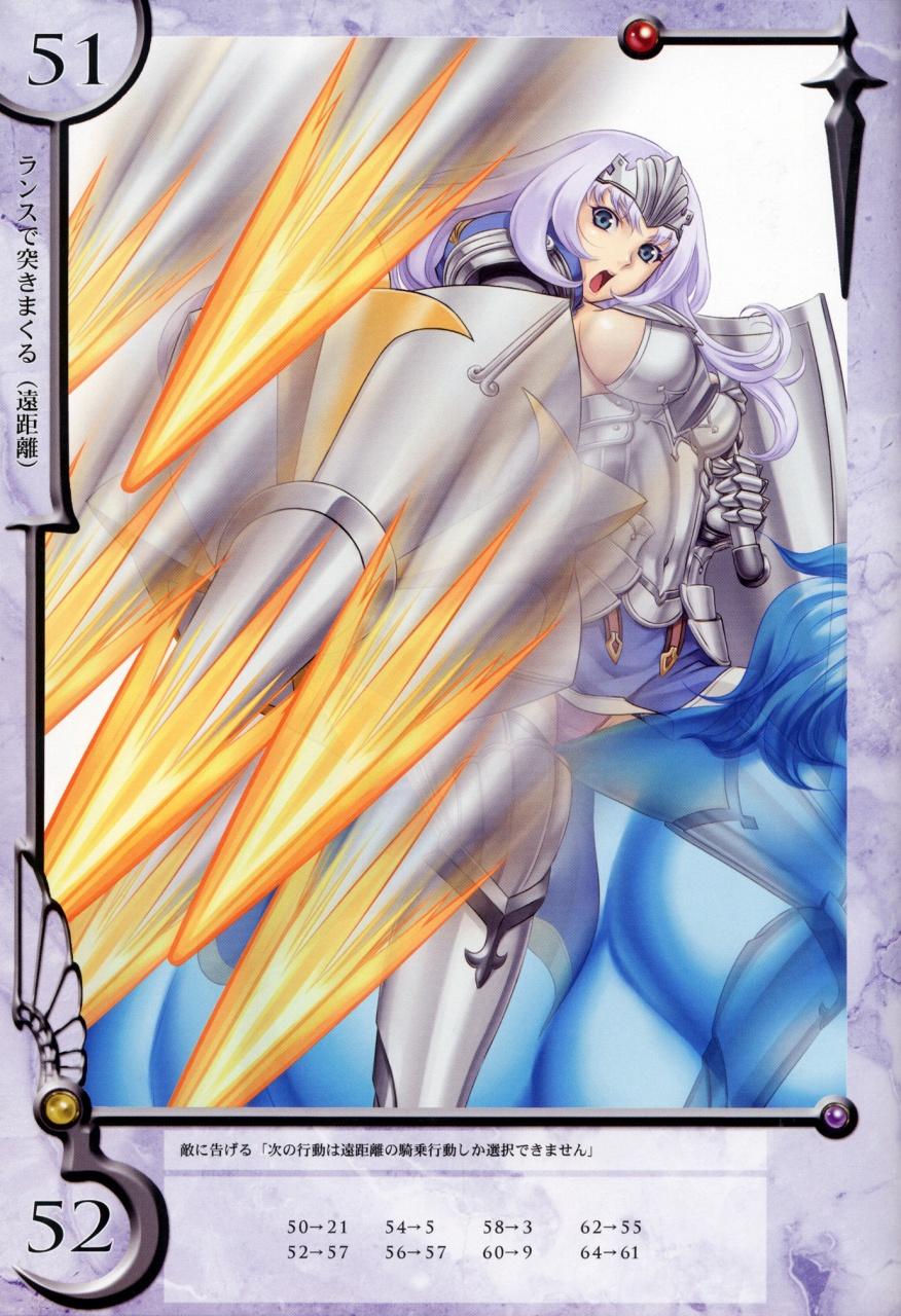 eiwa, ambrosius, annelotte, knight princess annelotte, queen's blade, queen's blade rebellion, highres, 00s, 10s, 1girl, annelotte (queen's blade), armor, armored dress, blue eyes, breasts, cape, cleavage, dress, elbow gloves, female focus, gloves, horse, large breasts, long hair, navel, open mouth, panties, purple hair, purple panties, see-through clothes, shield, solo, sword, thighhighs, tiara, underwear, weapon