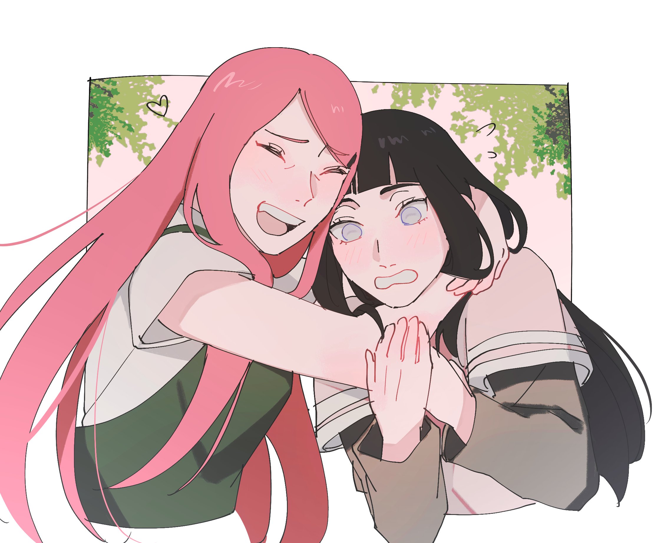 seirorath, hyuuga hinata, uzumaki kushina, naruto: the last, naruto (series), mother-in-law and daughter-in-law, highres, 2girls, black hair, blush, closed eyes, hug, multiple girls, open mouth, pink shirt, red hair, shirt, surprised, white shirt