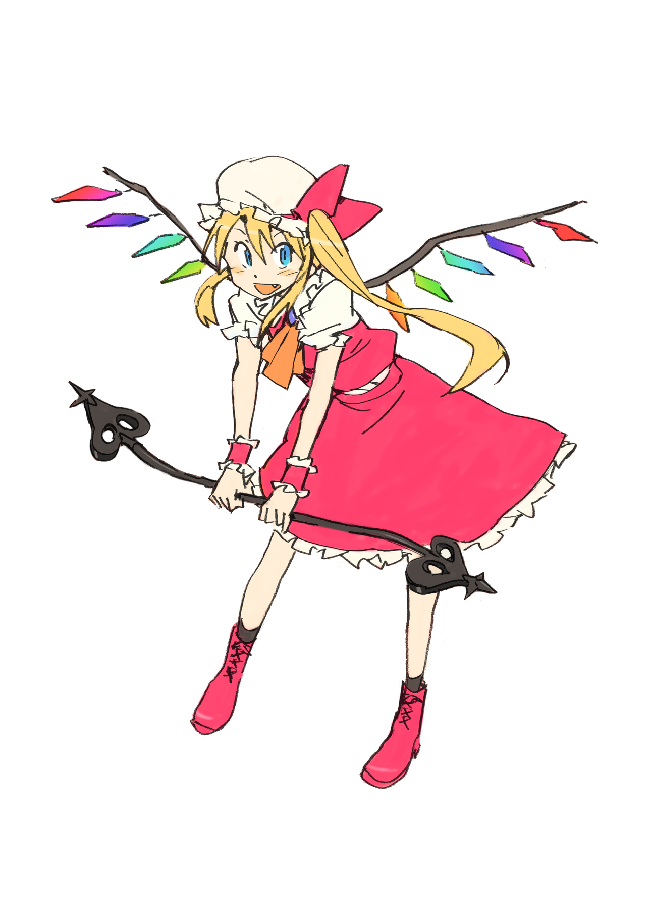 katou haruaki, flandre scarlet, kageyama torako, embodiment of scarlet devil, hyakko, touhou, bad id, bad pixiv id, highres, official art, 1girl, blonde hair, blush, cosplay, dress, fang, female focus, flandre scarlet (cosplay), long hair, solo, wings