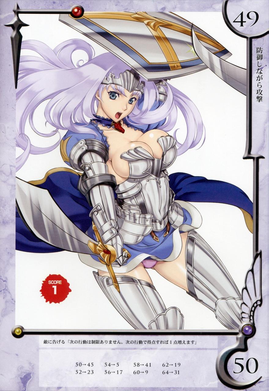 eiwa, annelotte, knight princess annelotte, queen's blade, queen's blade rebellion, highres, 00s, 10s, 1girl, annelotte (queen's blade), armor, armored dress, block (object), blue eyes, bouncing breasts, breasts, cape, cleavage, dress, elbow gloves, female focus, gloves, large breasts, long hair, navel, open mouth, panties, purple hair, purple panties, shield, solo, sword, thighhighs, tiara, underwear, weapon