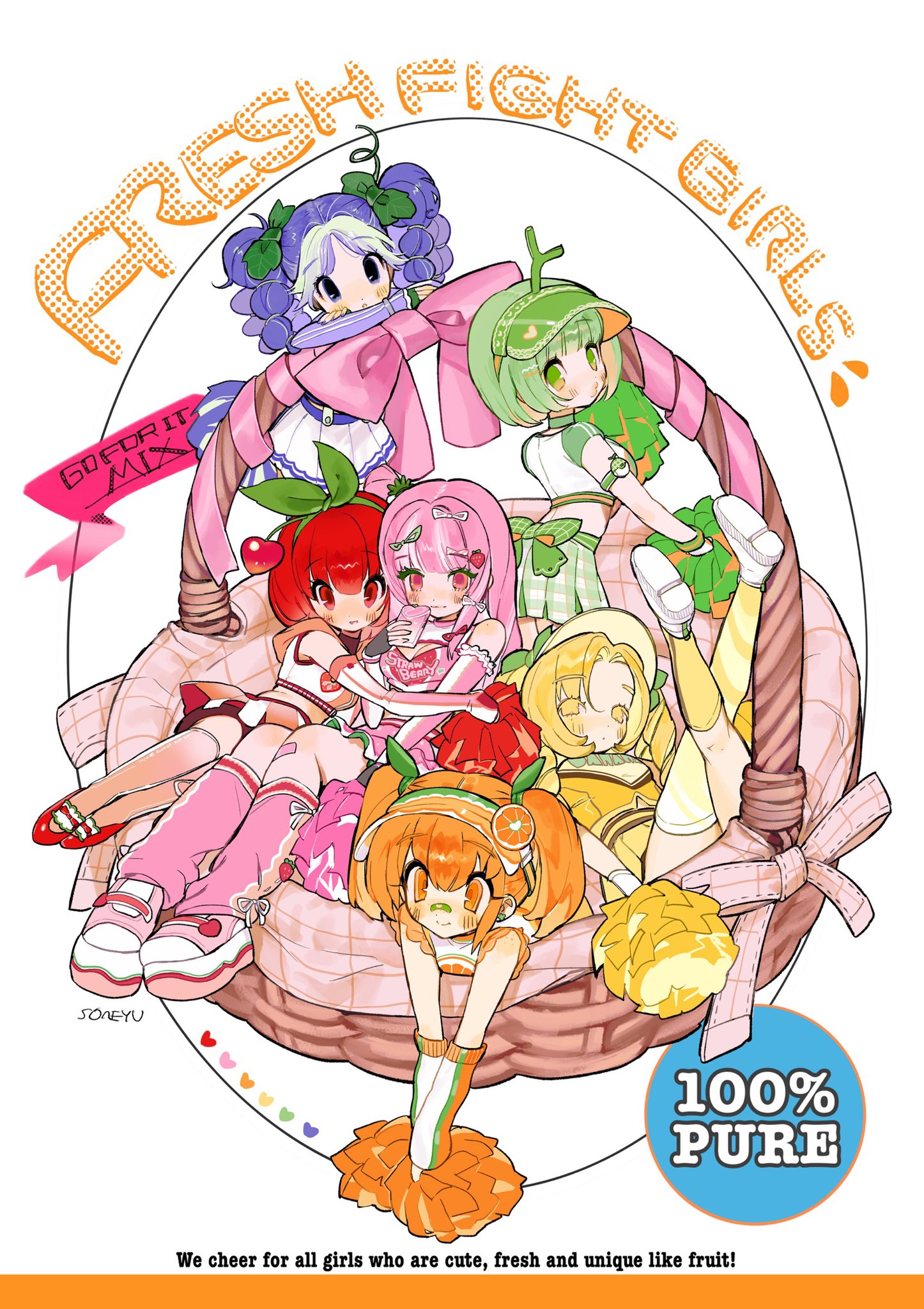 soreeyu (sore-yu), original, commentary, english commentary, highres, 6+girls, arm warmers, basket, blonde hair, cheerleader, cherry, english text, food, food-themed hair ornament, fruit, fruit hair ornament, grapes, green hair, hair ornament, hair ribbon, hat, hug, in basket, in container, leg warmers, lemon, medium hair, melon, mini person, minigirl, multiple girls, orange (fruit), orange hair, pink hair, plaid clothes, plaid skirt, pleated skirt, pom pom (cheerleading), purple hair, red hair, ribbon, shoes, short hair, simple background, skirt, strawberry, twintails, visor cap, white background
