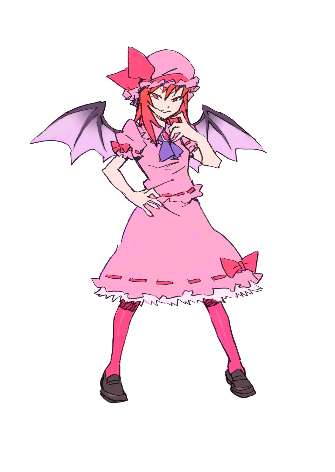 katou haruaki, andou nene, remilia scarlet, hyakko, touhou, bad id, bad pixiv id, highres, official art, 1girl, cosplay, female focus, hat, pantyhose, pink pantyhose, red eyes, red hair, remilia scarlet (cosplay), solo, wings