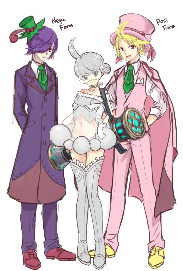 kasuka108, castform, cherrim, cherrim (overcast), cherrim (sunshine), nintendo, pokemon, 1girl, 2boys, ahoge, ascot, blonde hair, boots, gen 3 pokemon, gen 4 pokemon, green ascot, green hair, grey hair, hair bun, hair over one eye, hat, mini hat, multiple boys, navel, pants, personification, pink hat, pink pants, pink vest, pocket square, puple coat, purlpe hair, shoes, standing, thigh boots, tilted headwear, vest, white background, yellow shoes