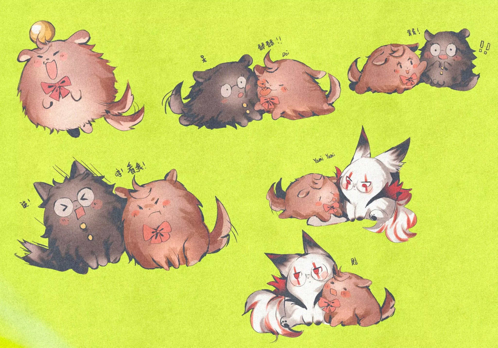 de557777, ayase momo, takakura ken (dandadan), takakura ken (transformed) (dandadan), dandadan, commentary, highres, symbol-only commentary, > <, 1boy, 1girl, animal, animal ears, animal focus, animalization, ball, black fur, blush, bow, bowtie, brown fur, cheek-to-cheek, dog, dog ears, dog tail, facial mark, full body, glasses, green background, heads together, leaning, motion lines, multiple views, no humans, red bow, red bowtie, red eyes, round eyewear, tail, tongue, tongue out, transformation, white fur