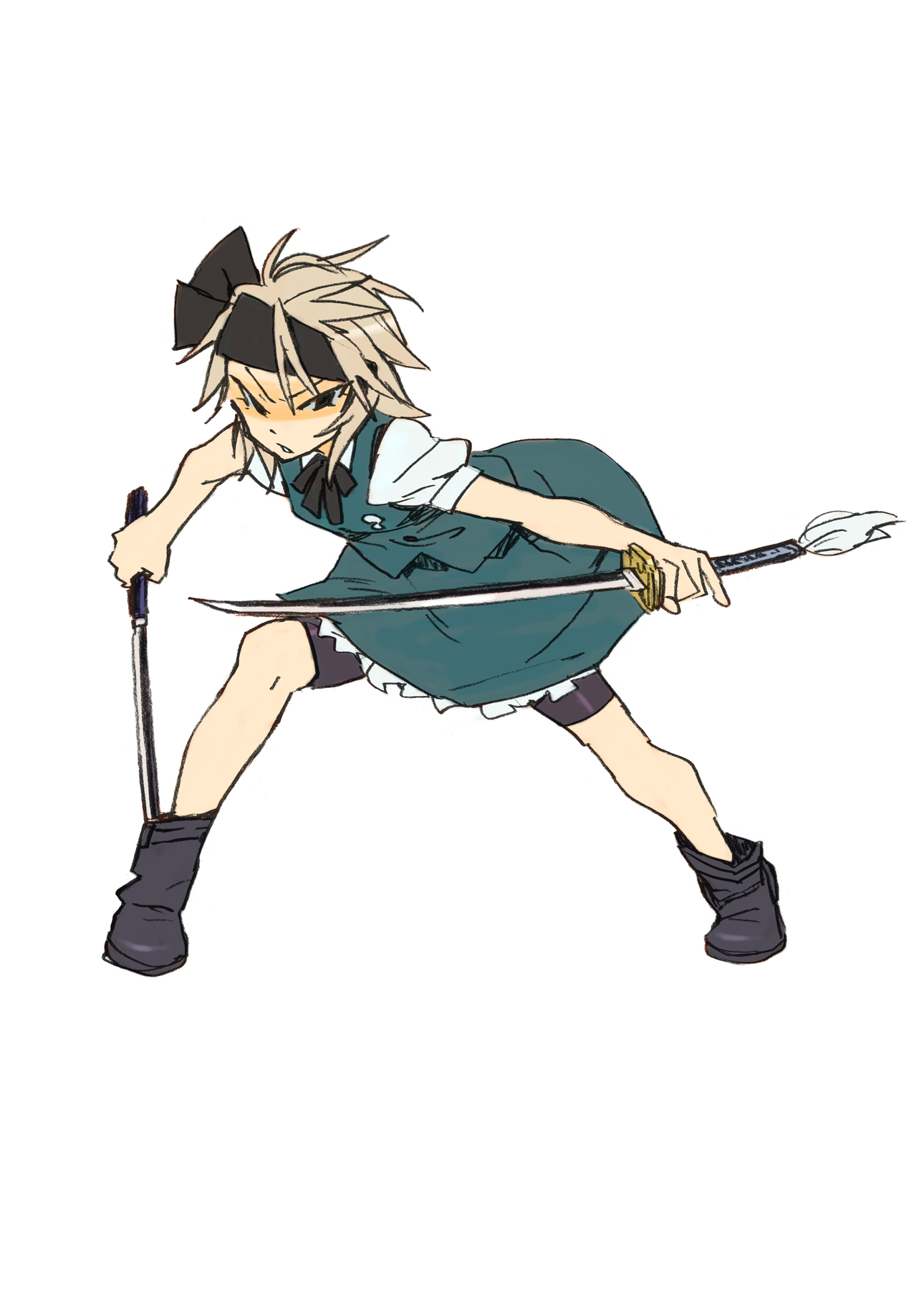 katou haruaki, konpaku youmu, makunouchi ushio, hyakko, touhou, bad id, bad pixiv id, highres, official art, 1girl, cosplay, dual wielding, female focus, holding, katana, konpaku youmu (cosplay), solo, sword, tanto, weapon