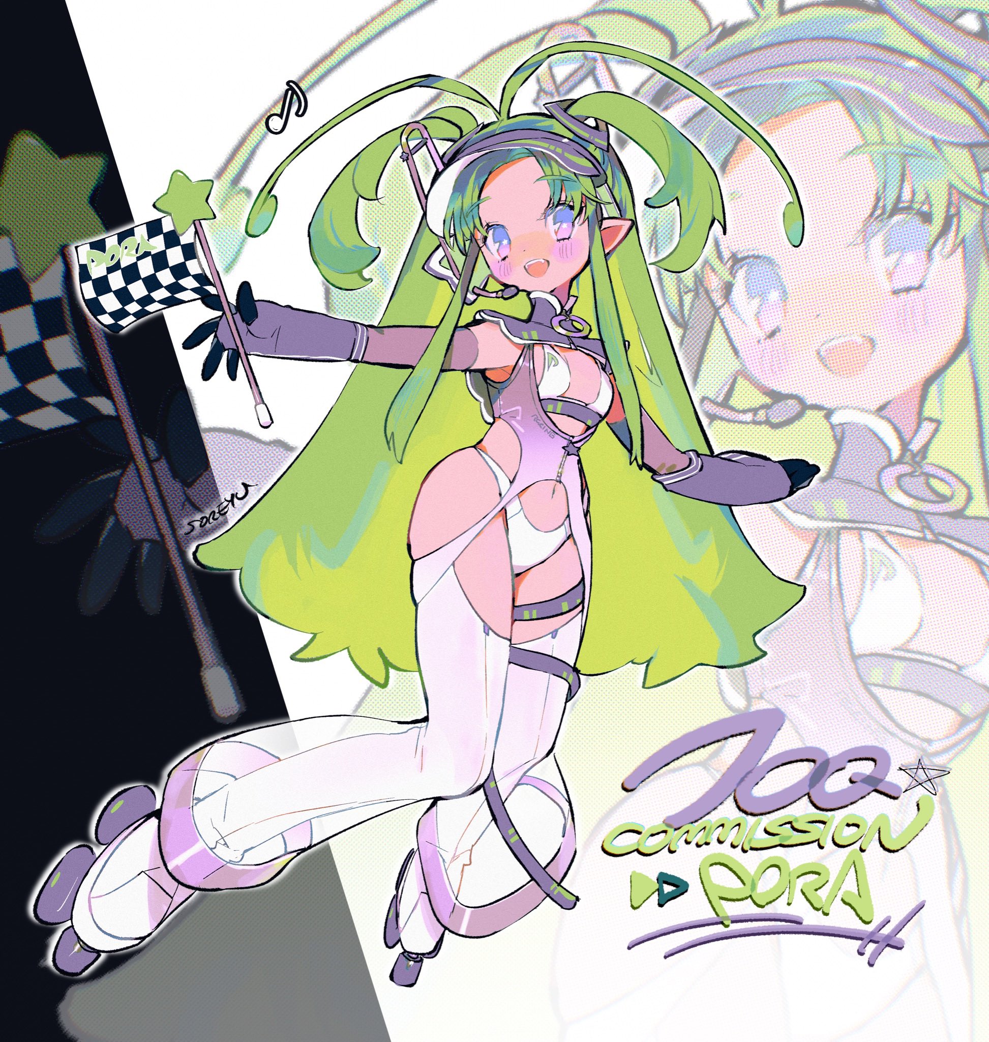 soreeyu (sore-yu), original, clothing request, commentary, commission, highres, skeb commission, symbol-only commentary, 1girl, antenna hair, arm warmers, checkered flag, cyber fashion, fashion, flag, green hair, headset, holding, holding flag, long hair, long sidelocks, looking at viewer, navel, o-ring, pointy ears, purple eyes, roller skates, see-through clothes, sidelocks, skates, solo, two side up, very long hair, visor cap, zoom layer