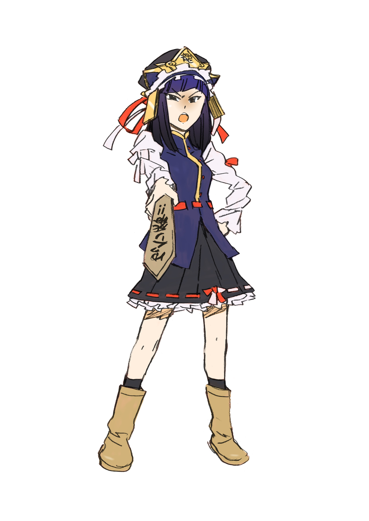 katou haruaki, iizuka tatsuki, shiki eiki, hyakko, touhou, bad id, bad pixiv id, highres, official art, 1girl, angry, cosplay, female focus, hat, rod of remorse, shiki eiki (cosplay), solo, white background