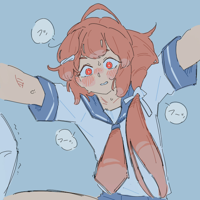 jibakurei (elite unchi), i-168 (kancolle), kantai collection, bad id, bad twitter id, 1girl, 1other, blue background, blue sailor collar, blue skirt, blush, from below, grin, hair over shoulder, heavy breathing, looking at viewer, low ponytail, necktie, orange hair, orange necktie, out of frame, outstretched arms, ponytail, pov, red eyes, sailor collar, school uniform, serafuku, shirt, short sleeves, simple background, skirt, smile, sweat, trembling, white shirt, wide-eyed, you gonna get raped