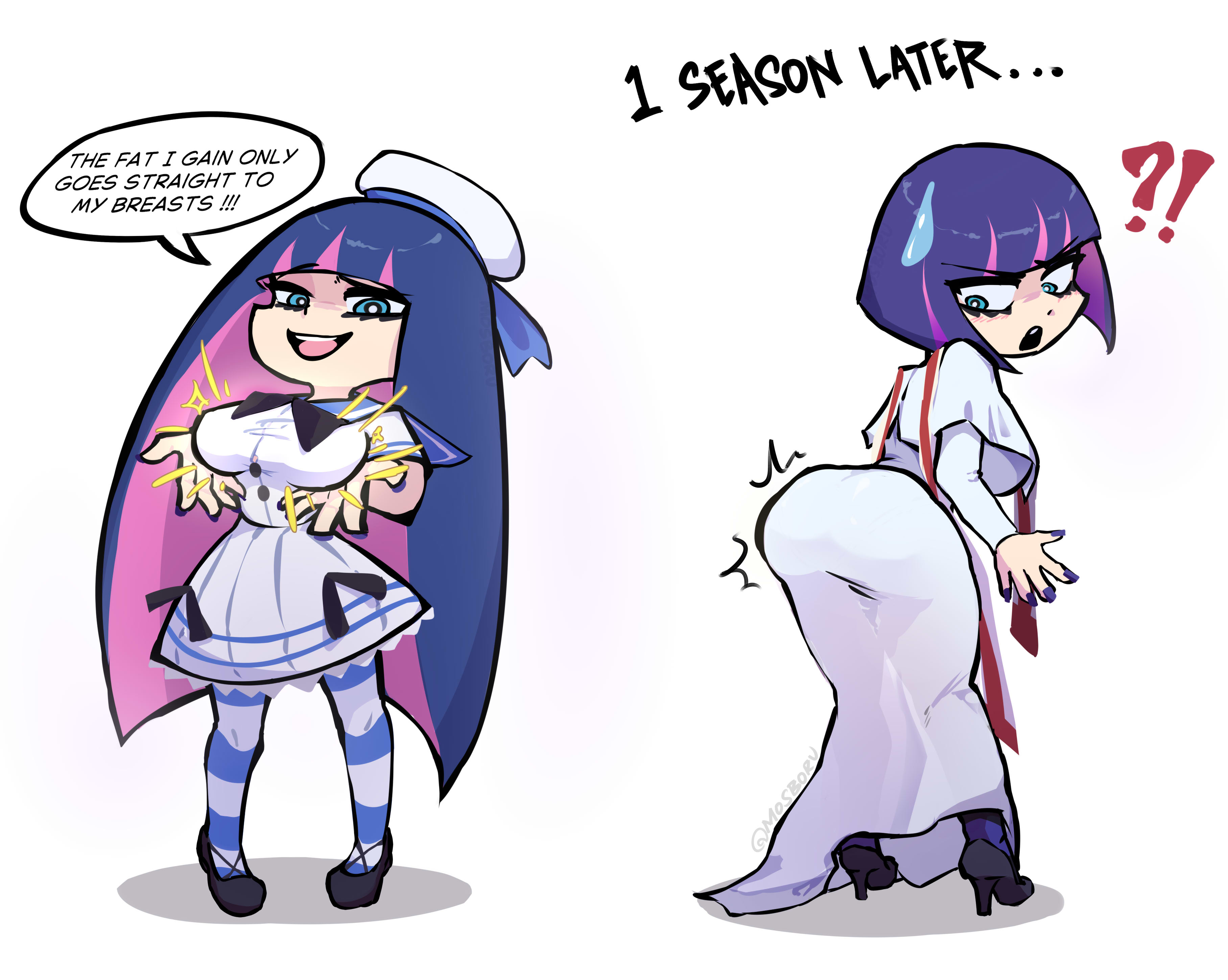 stocking (psg), panty & stocking with garterbelt, absurdres, commentary, english commentary, highres, 1girl, alternate hairstyle, ass, ass conscious, ass envy, before and after, blue eyes, blunt bangs, breasts, capelet, cassock, colored inner hair, comedic sweatdrop, dress, english text, from behind, full body, huge ass, large breasts, long hair, looking back, mosboru, multicolored hair, short hair, simple background, standing, stole, surprised, two-tone hair, very long hair, white background, white capelet, white dress