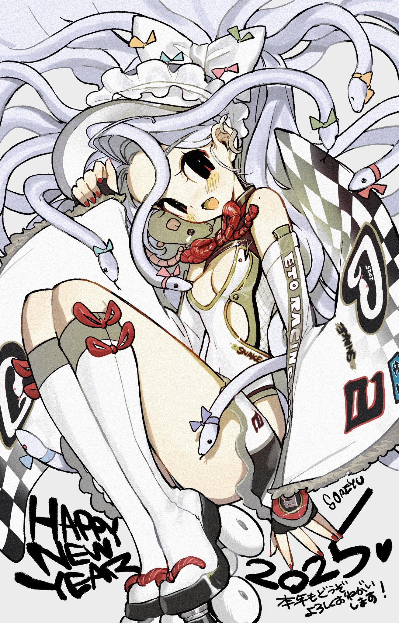 soreeyu (sore-yu), original, commentary request, highres, translation request, 1girl, arm warmers, blush, breasts, checkered flag, chinese zodiac, cleavage, clothing cutout, dress, flag, long hair, looking at viewer, open mouth, petite, race queen, roller skates, simple background, skates, smile, snake, snake hair, solo, squatting, very long hair, white background, white dress, white hair, year of the snake