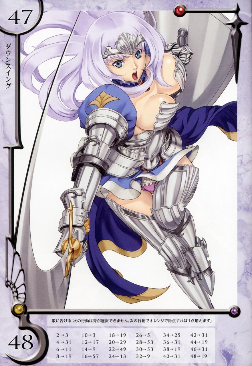 eiwa, annelotte, knight princess annelotte, queen's blade, queen's blade rebellion, highres, 00s, 10s, 1girl, annelotte (queen's blade), armor, armored dress, blue eyes, breasts, cape, cleavage, dress, elbow gloves, female focus, gloves, large breasts, long hair, navel, open mouth, panties, purple hair, purple panties, shield, solo, sword, thighhighs, tiara, underwear, weapon