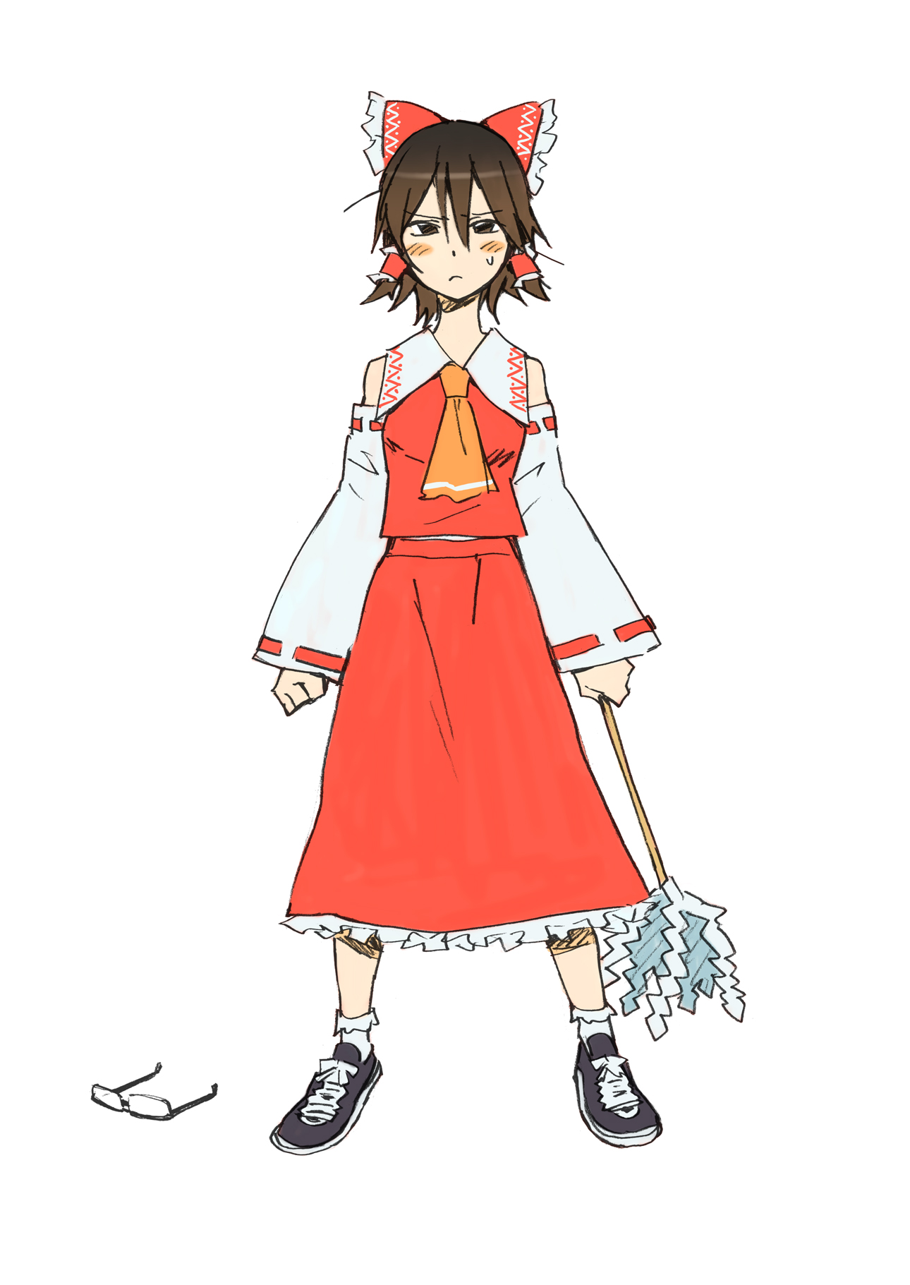 katou haruaki, hakurei reimu, kazamatsuri touma, hyakko, imperishable night, touhou, bad id, bad pixiv id, highres, official art, 1girl, black shoes, blush, brown hair, cosplay, detached sleeves, female focus, glasses, hair tubes, hakurei reimu (cosplay), japanese clothes, miko, shoes, short hair, socks, solo, unworn eyewear, white socks