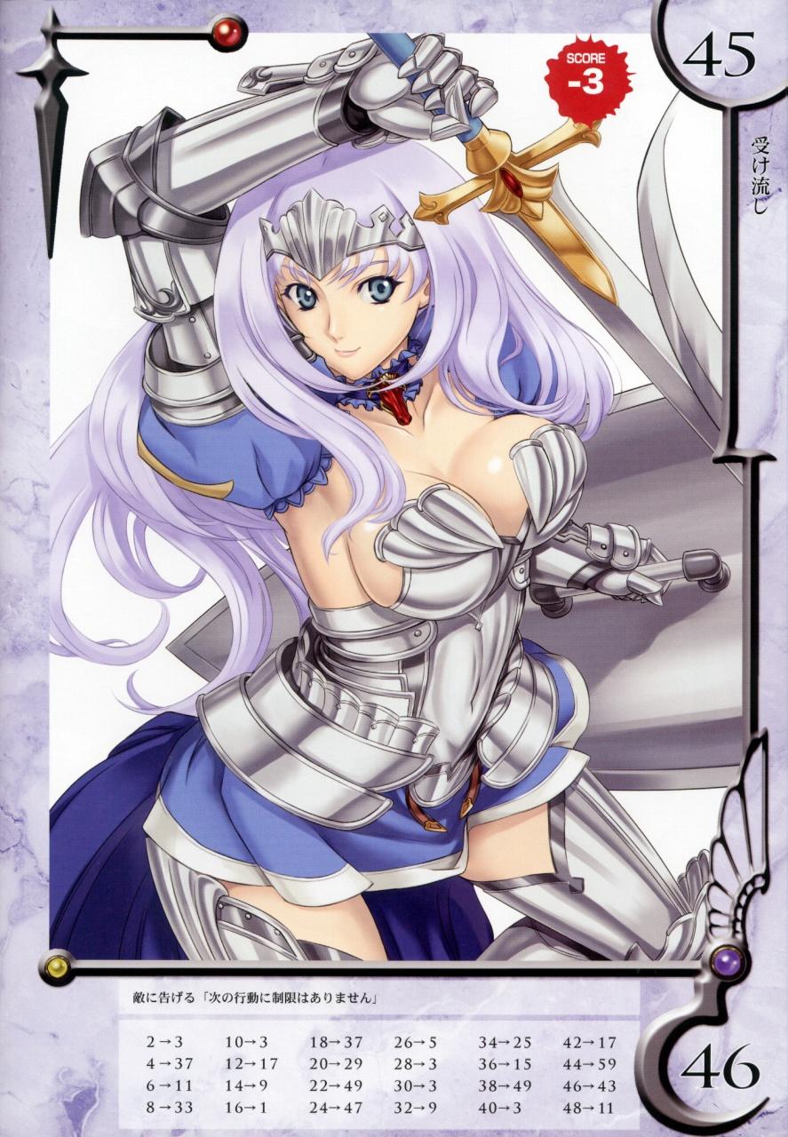 eiwa, annelotte, knight princess annelotte, queen's blade, queen's blade rebellion, highres, 00s, 10s, annelotte (queen's blade), armor, armored dress, blue eyes, breasts, dress, elbow gloves, gloves, large breasts, long hair, navel, purple hair, shield, solo, sword, thighhighs, tiara, weapon