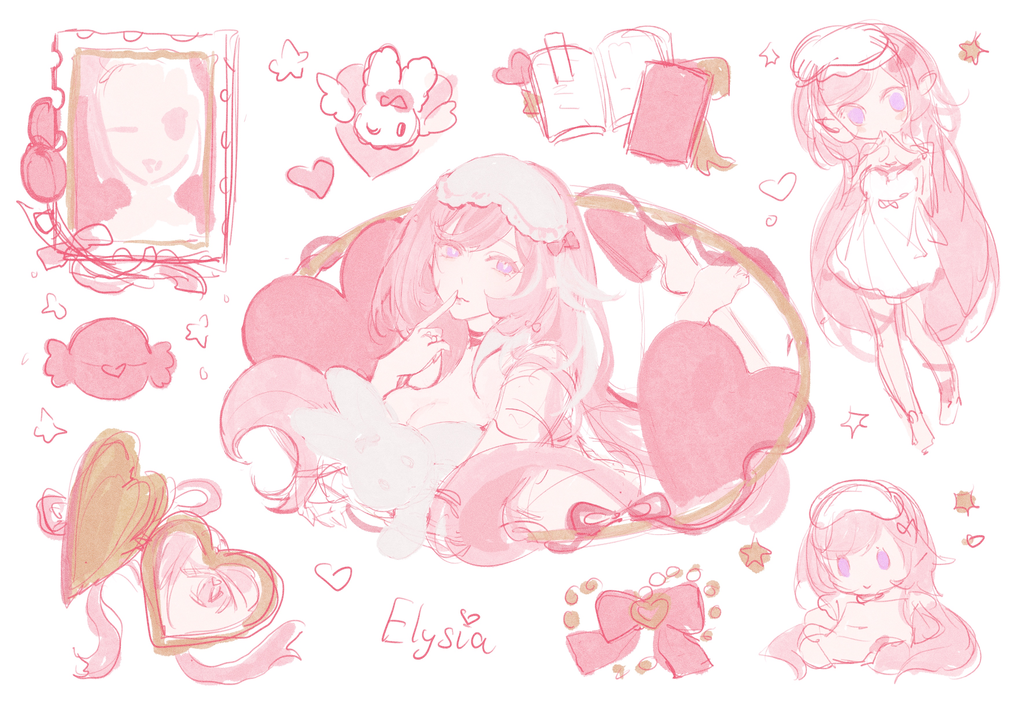elysia (honkai impact), honkai (series), honkai impact 3rd, absurdres, highres, 1girl, book, bow, bowtie, breasts, character doll, character name, cleavage, doll, elf, heart, large breasts, long hair, multiple views, open book, pingusndr, pink bow, pink bowtie, pink hair, pink theme, pointy ears, simple background, star (symbol), very long hair, white background