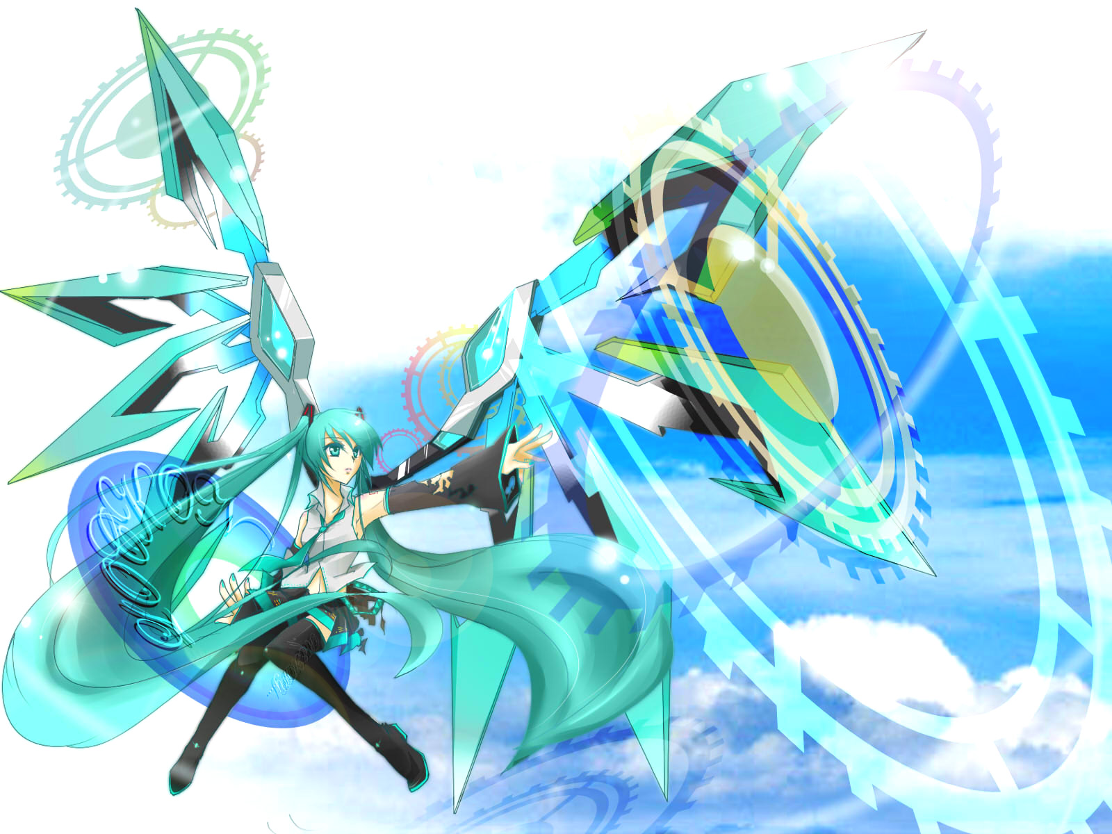 haru aki, hatsune miku, vocaloid, highres, aqua eyes, aqua hair, detached sleeves, gears, long hair, magic circle, mechanical wings, necktie, skirt, sky, solo, thighhighs, twintails, very long hair, wings