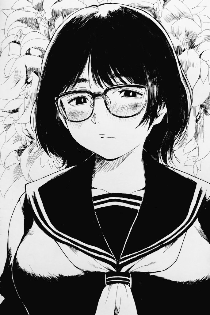 misaki toji, original, 1girl, black hair, blunt bangs, blush, breasts, floral background, glasses, large breasts, lineart, looking at viewer, mole, monochrome, sailor collar, school uniform, short hair, thick eyebrows, white background
